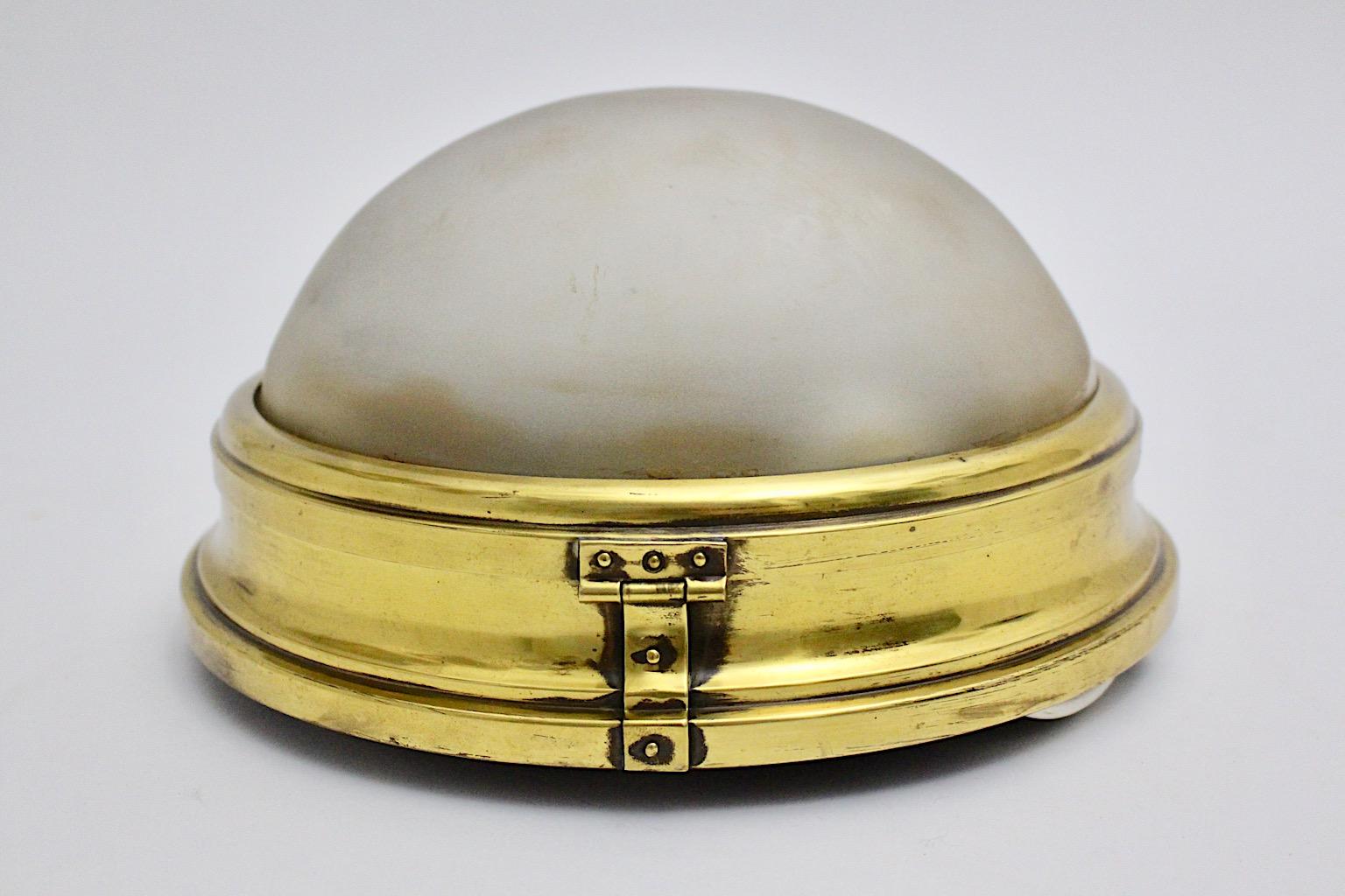 Bauhaus Era Vintage Brass Copper Glass Dome Flush Mount Sconce 1930s Austria For Sale 5