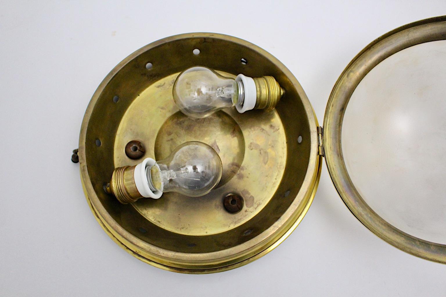 Bauhaus Era Vintage Brass Copper Glass Dome Flush Mount Sconce 1930s Austria For Sale 7