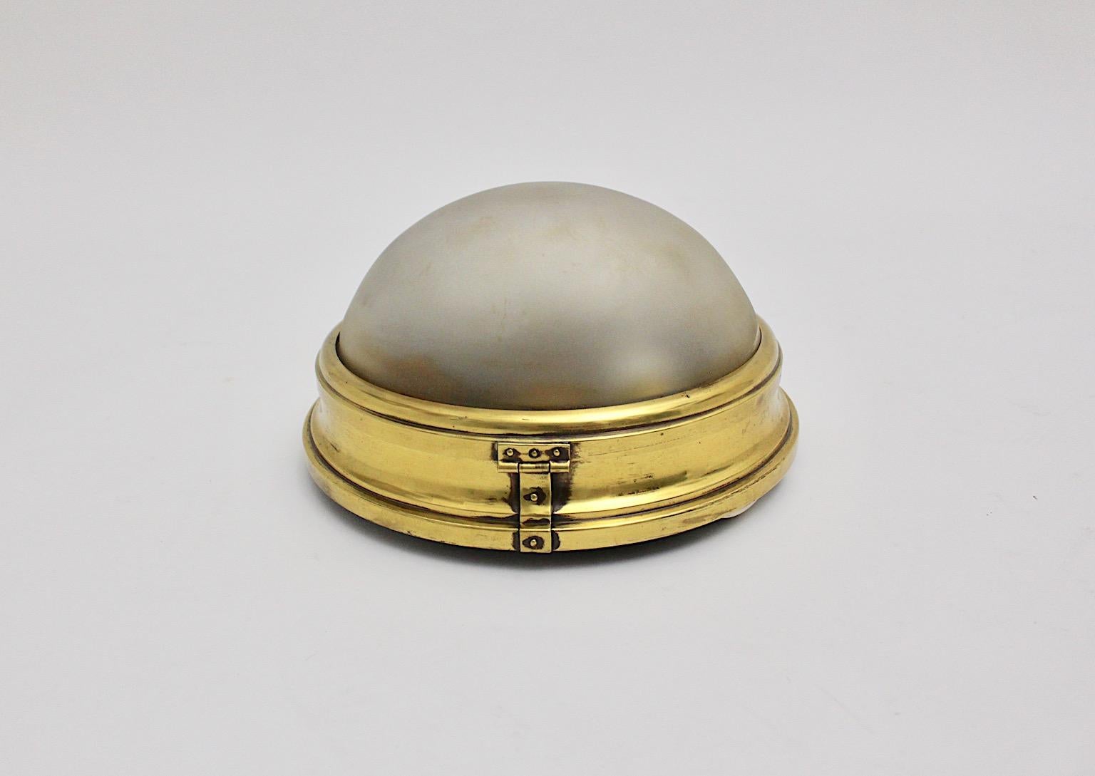 Bauhaus Era Vintage Brass Copper Glass Dome Flush Mount Sconce 1930s Austria For Sale 2
