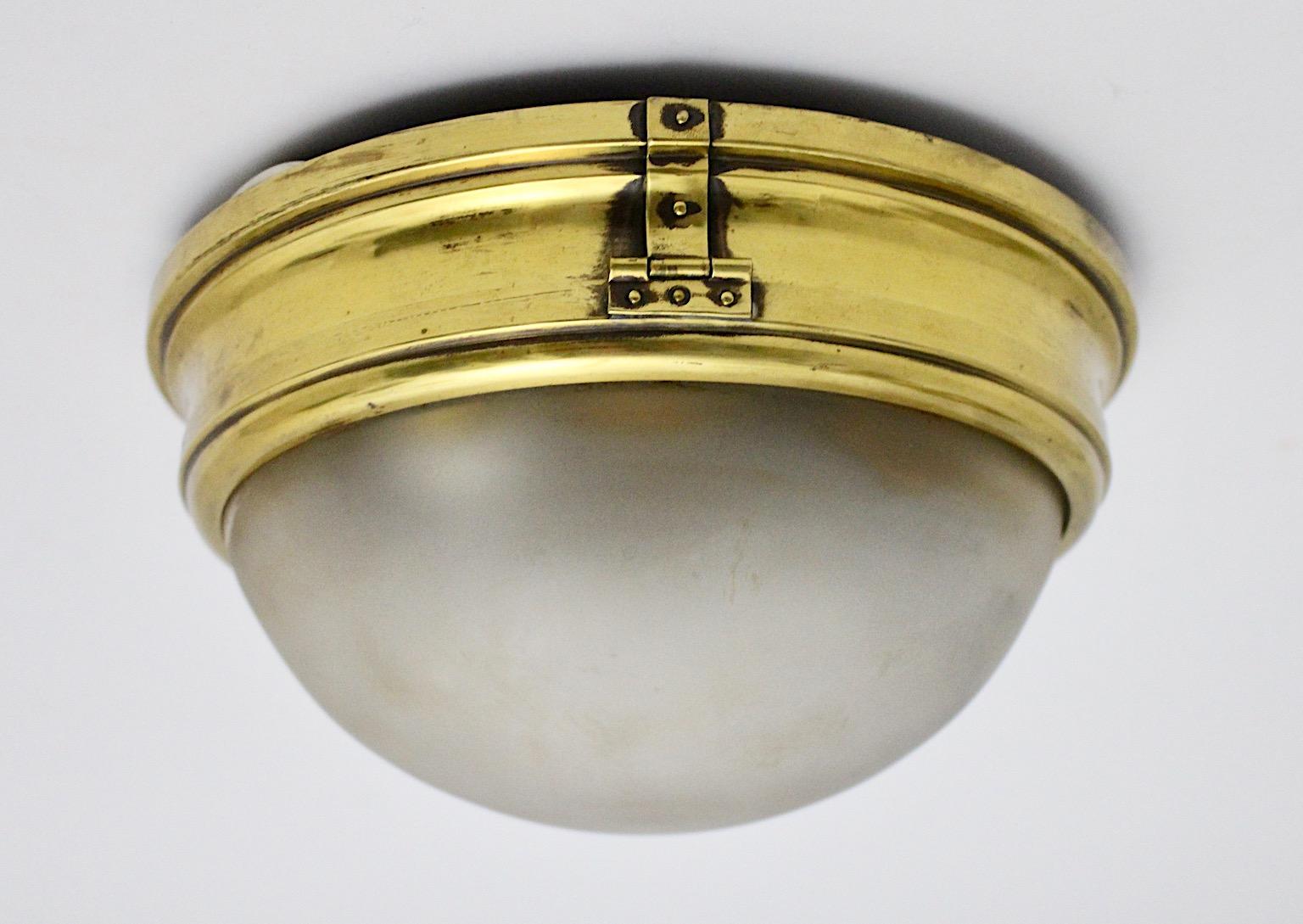 Bauhaus Era Vintage Brass Copper Glass Dome Flush Mount Sconce 1930s Austria For Sale 3