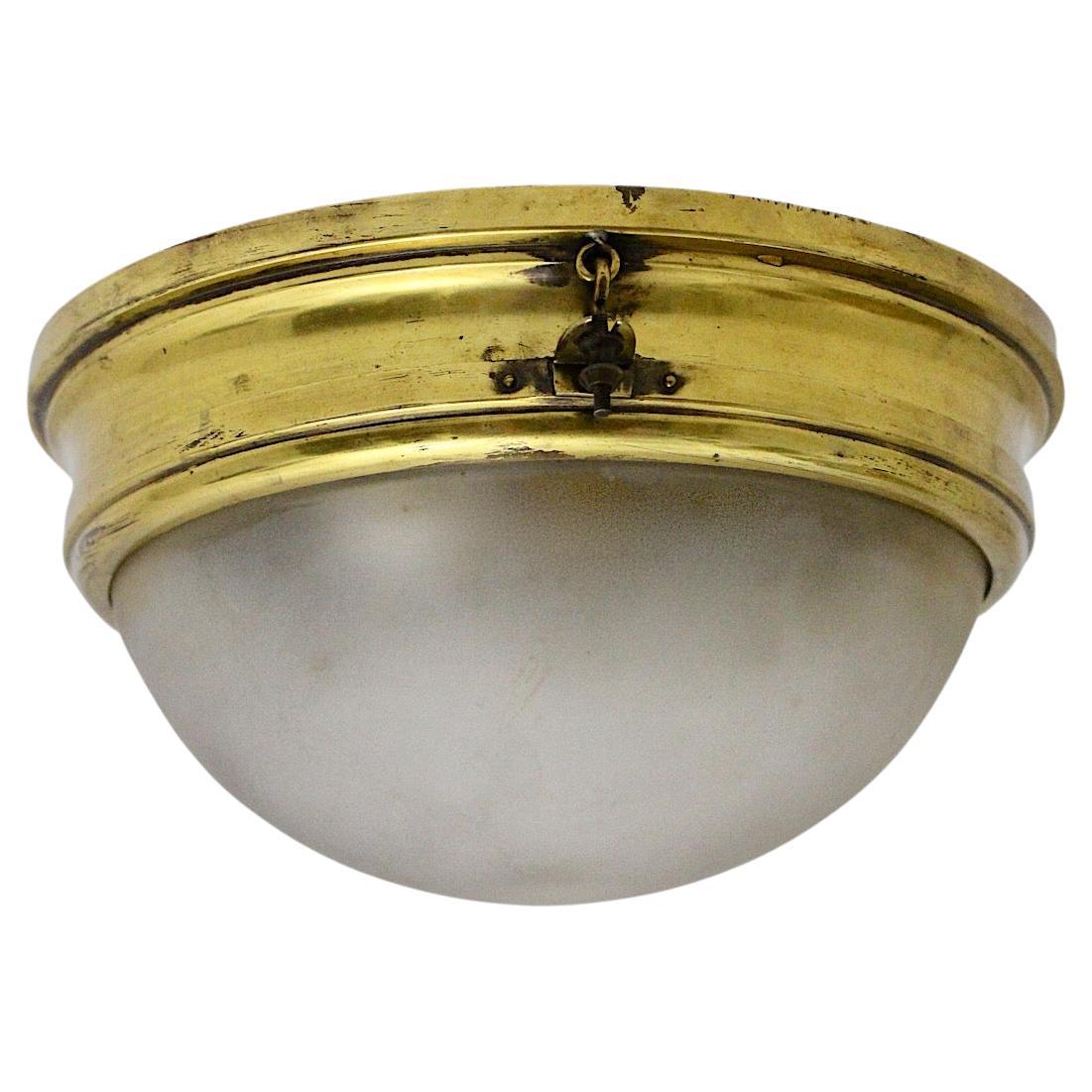 Bauhaus Era Vintage Brass Copper Glass Dome Flush Mount Sconce 1930s Austria For Sale