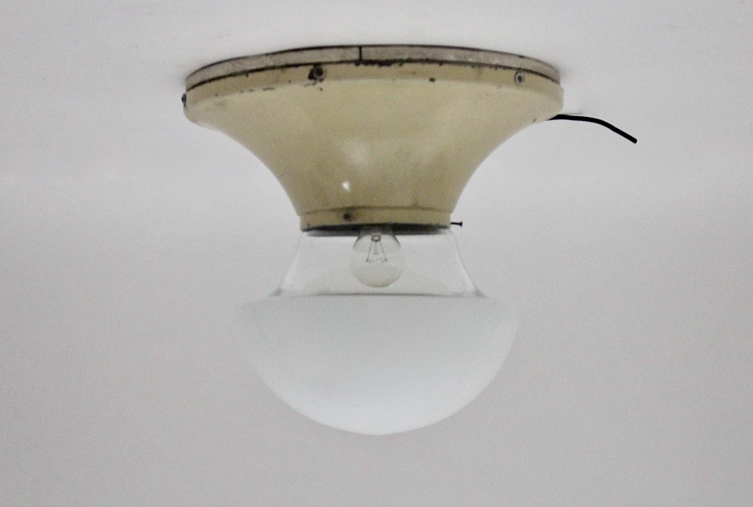 Bauhaus Era White Vintage Glass Metal Flush Mount, Germany, 1930s In Good Condition For Sale In Vienna, AT