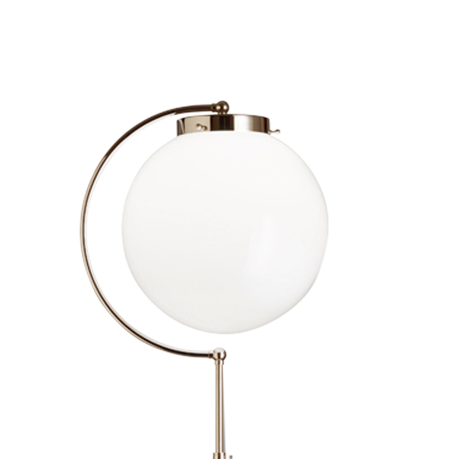 Bauhaus floor lamp DSL 23. Originally designed in 1923 by Richard Döcker. Current production manufactured in Germany by Tecnolumen. Nickel, opaline glass. Rewired for U.S. standards. Adjustable height. This floor lamp from 1923 is a clear reflection