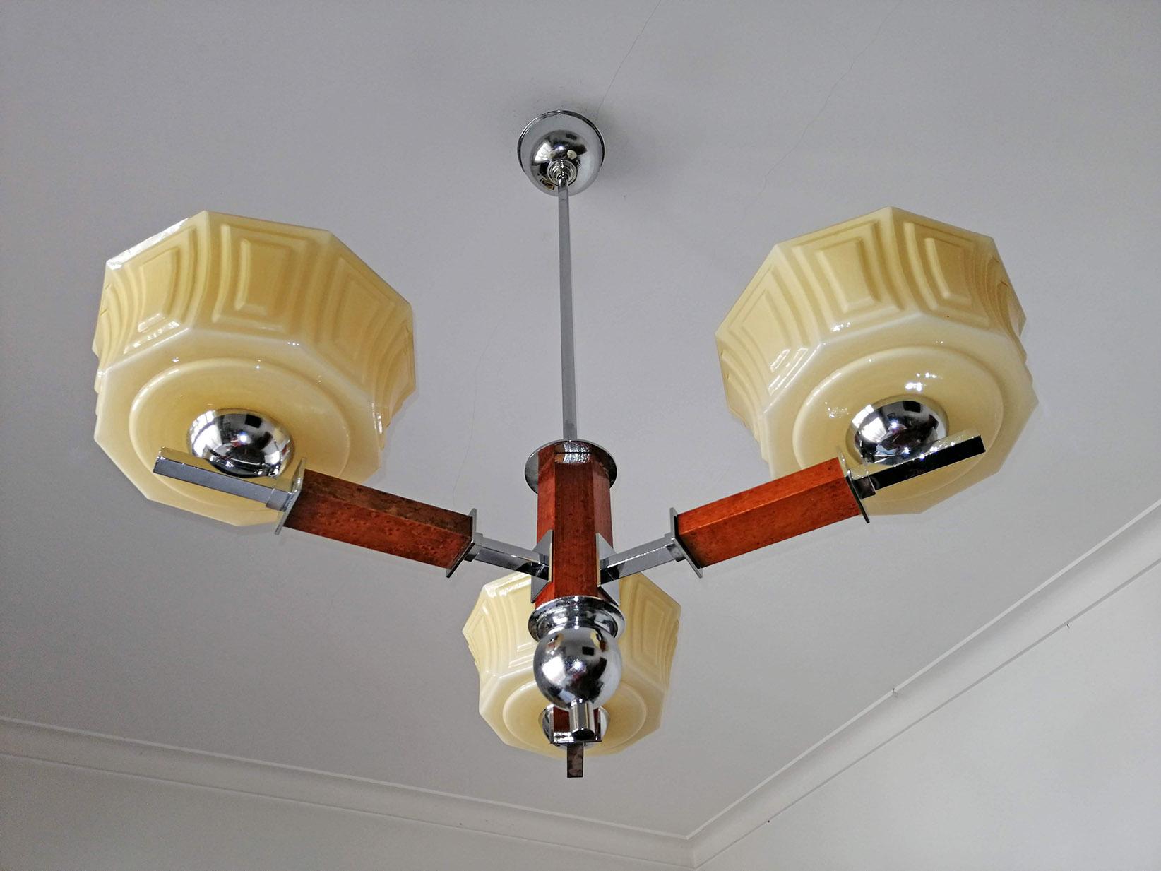 Hand-Crafted Bauhaus French Art Deco Opaline Amber Glass Shades Chrome and Wood Chandelier For Sale