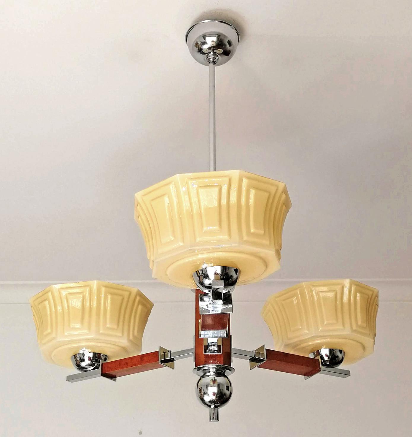 Bauhaus French Art Deco Opaline Amber Glass Shades Chrome and Wood Chandelier For Sale 1
