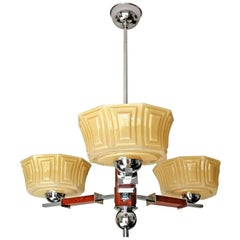 Bauhaus French Art Deco Opaline Amber Glass Shades Chrome and Wood Chandelier