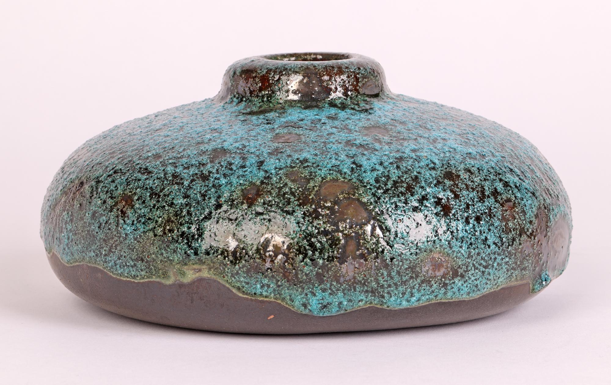 Bauhaus German Art Deco Blue Texture Glazed Squat Round Vase For Sale 2