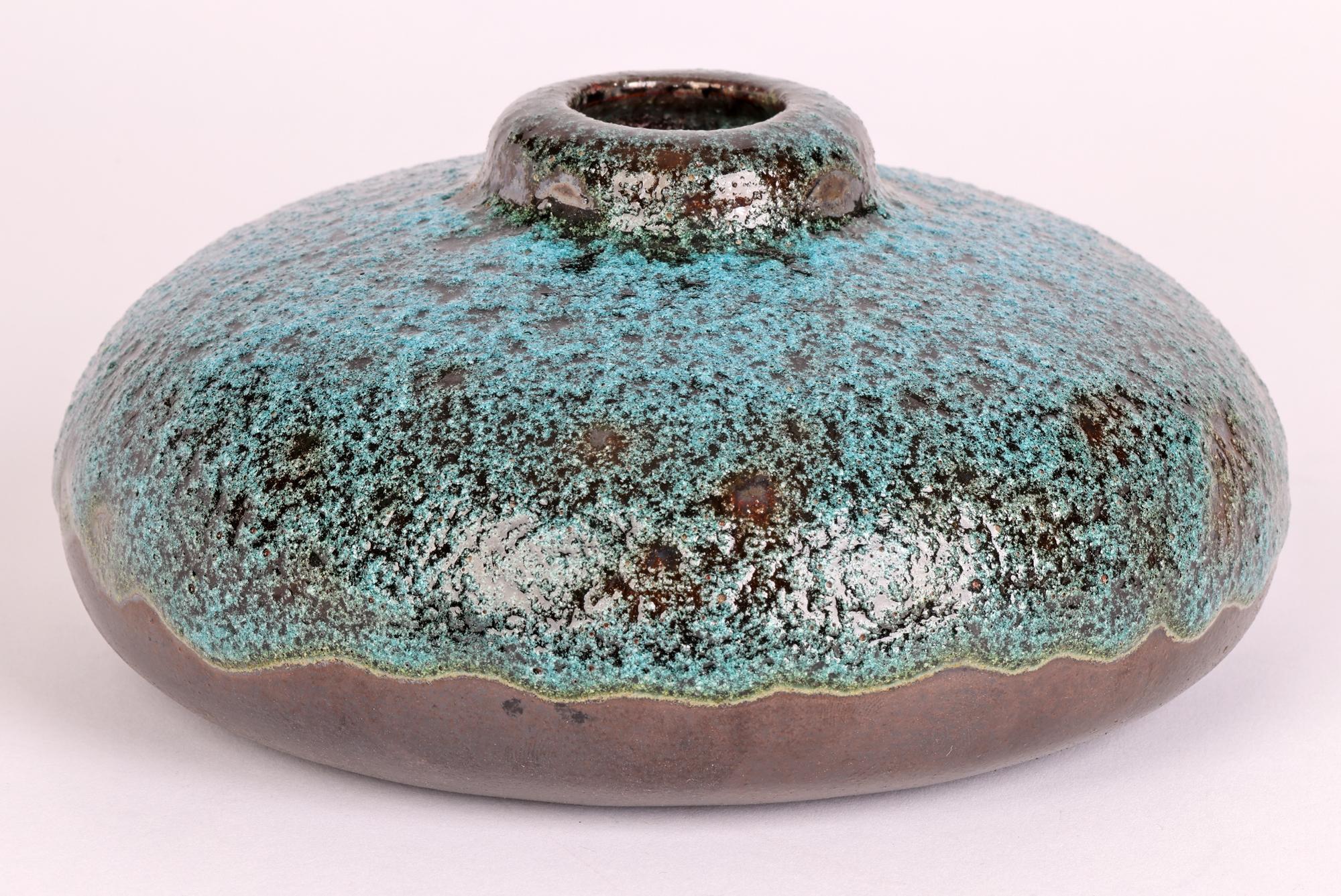 Bauhaus German Art Deco Blue Texture Glazed Squat Round Vase For Sale 5