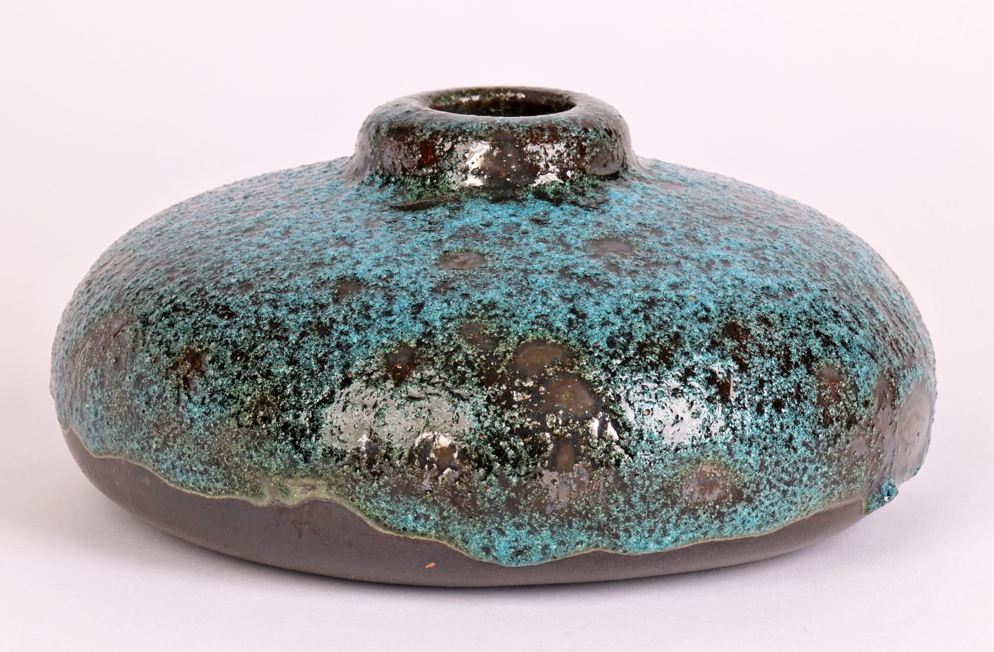 Hand-Crafted Bauhaus German Art Deco Blue Texture Glazed Squat Round Vase For Sale