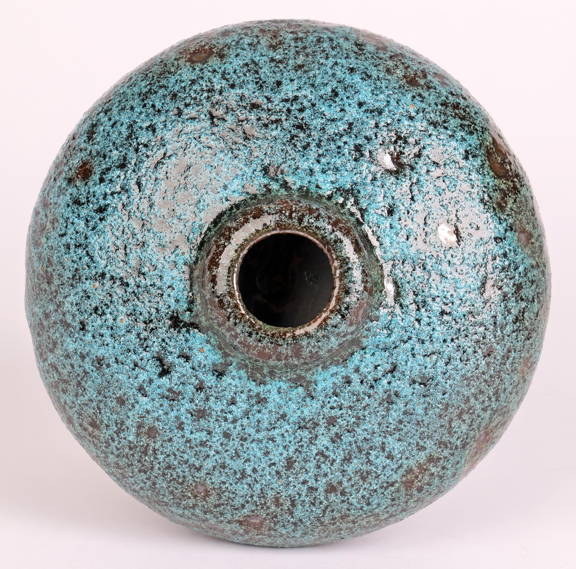 Mid-20th Century Bauhaus German Art Deco Blue Texture Glazed Squat Round Vase For Sale