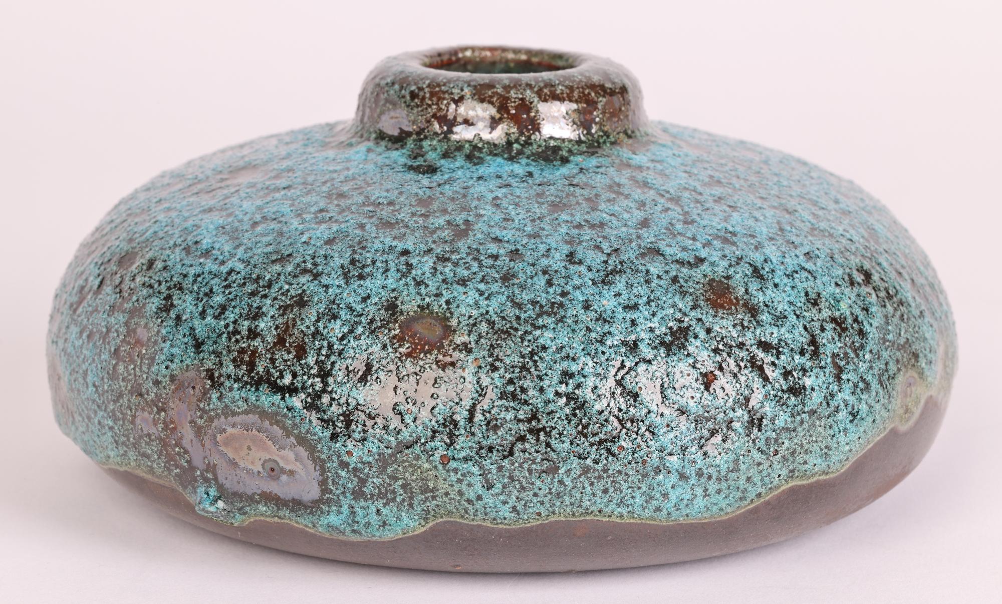 Mid-20th Century Bauhaus German Art Deco Blue Texture Glazed Squat Round Vase For Sale