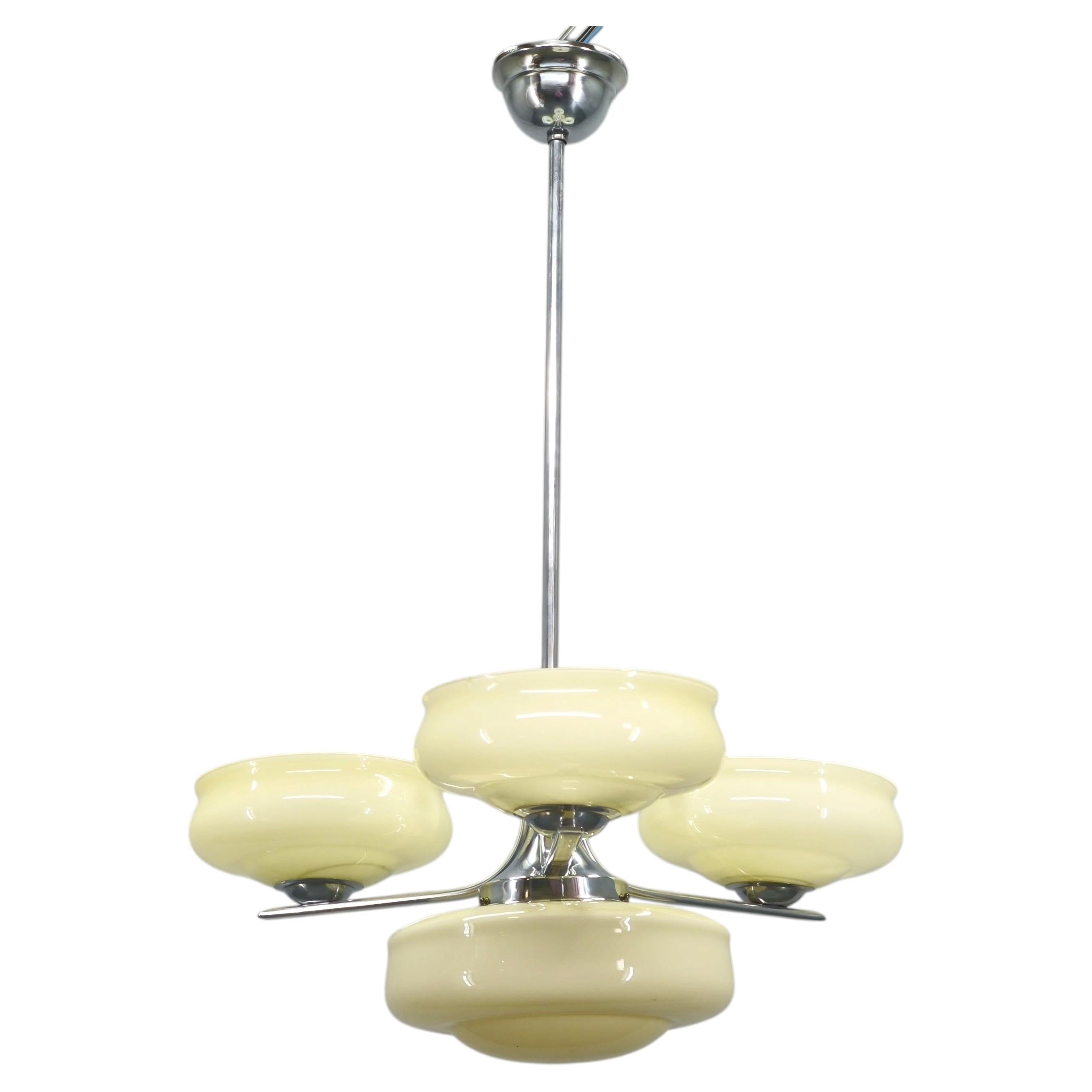 Bauhaus Chandelier Czechoslovakia 1930s Milk Glass Chrome Pendant For Sale