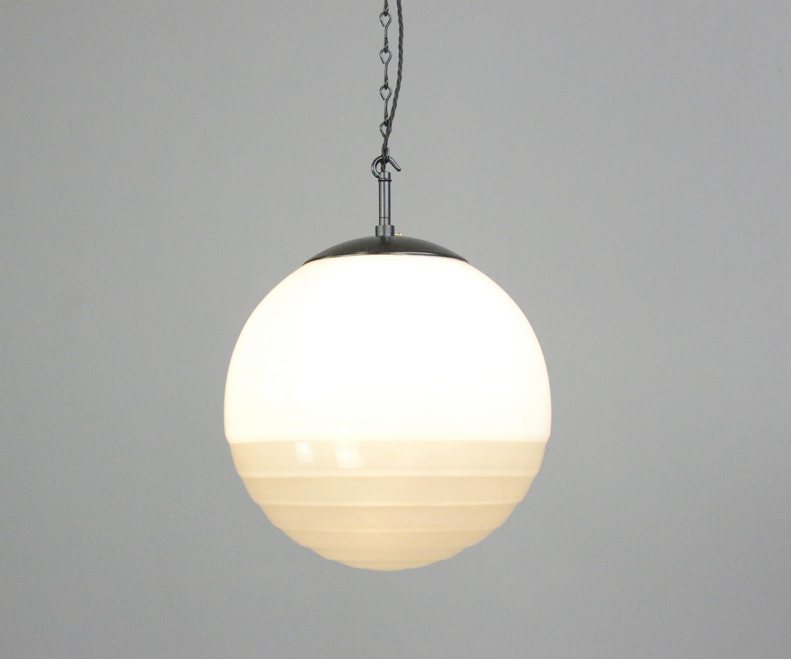 Bauhaus globe light by August Walther and Sohne Circa 1930s

- Opaline glass upper part 
- Stepped Acid etched lower part
- Bakelite galleries and matching ceiling roses
- Comes with 150cm of cable and chain
- Takes E27 fitting bulbs
-