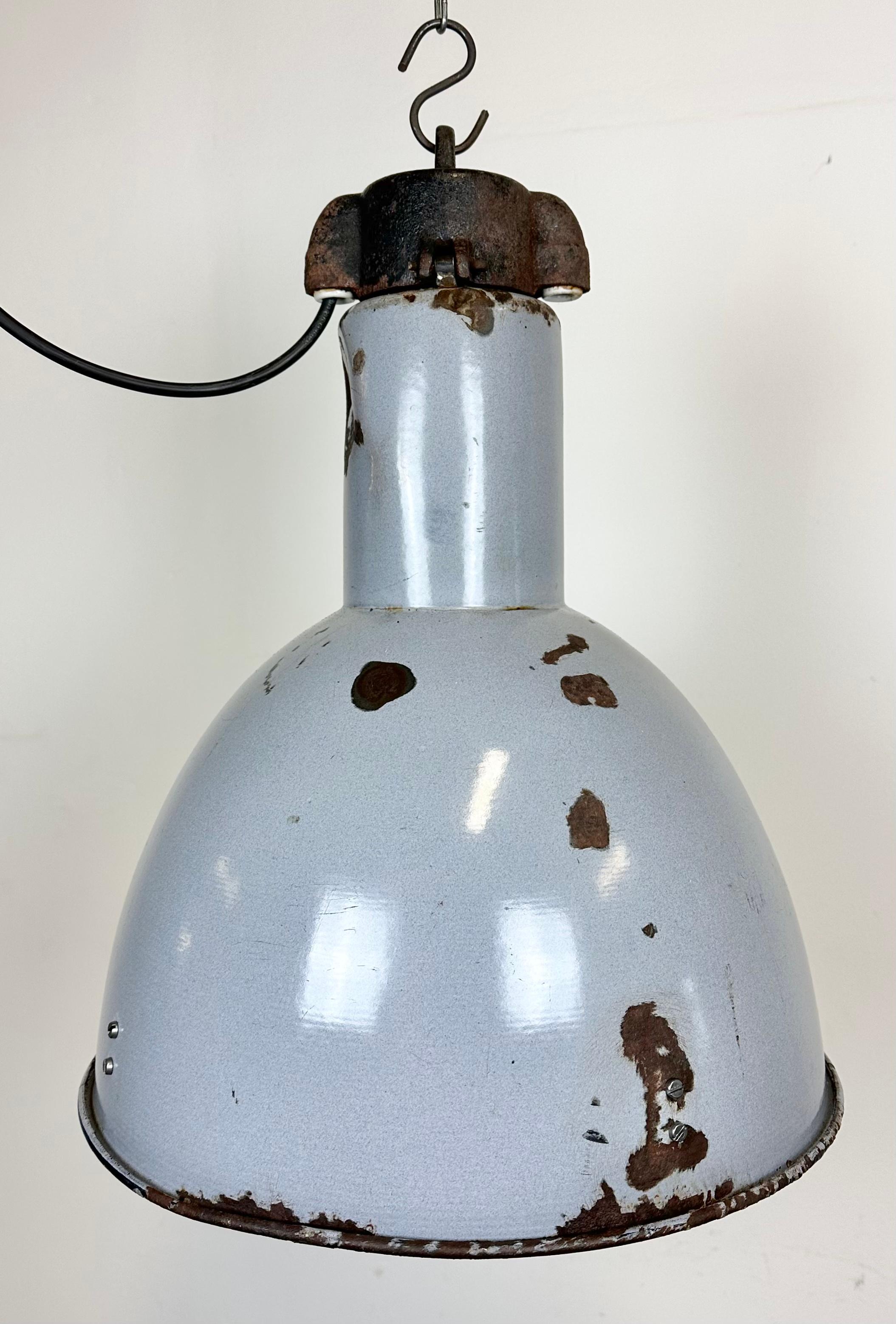 Czech Bauhaus Grey Enamel Industrial Pendant Lamp, 1950s For Sale