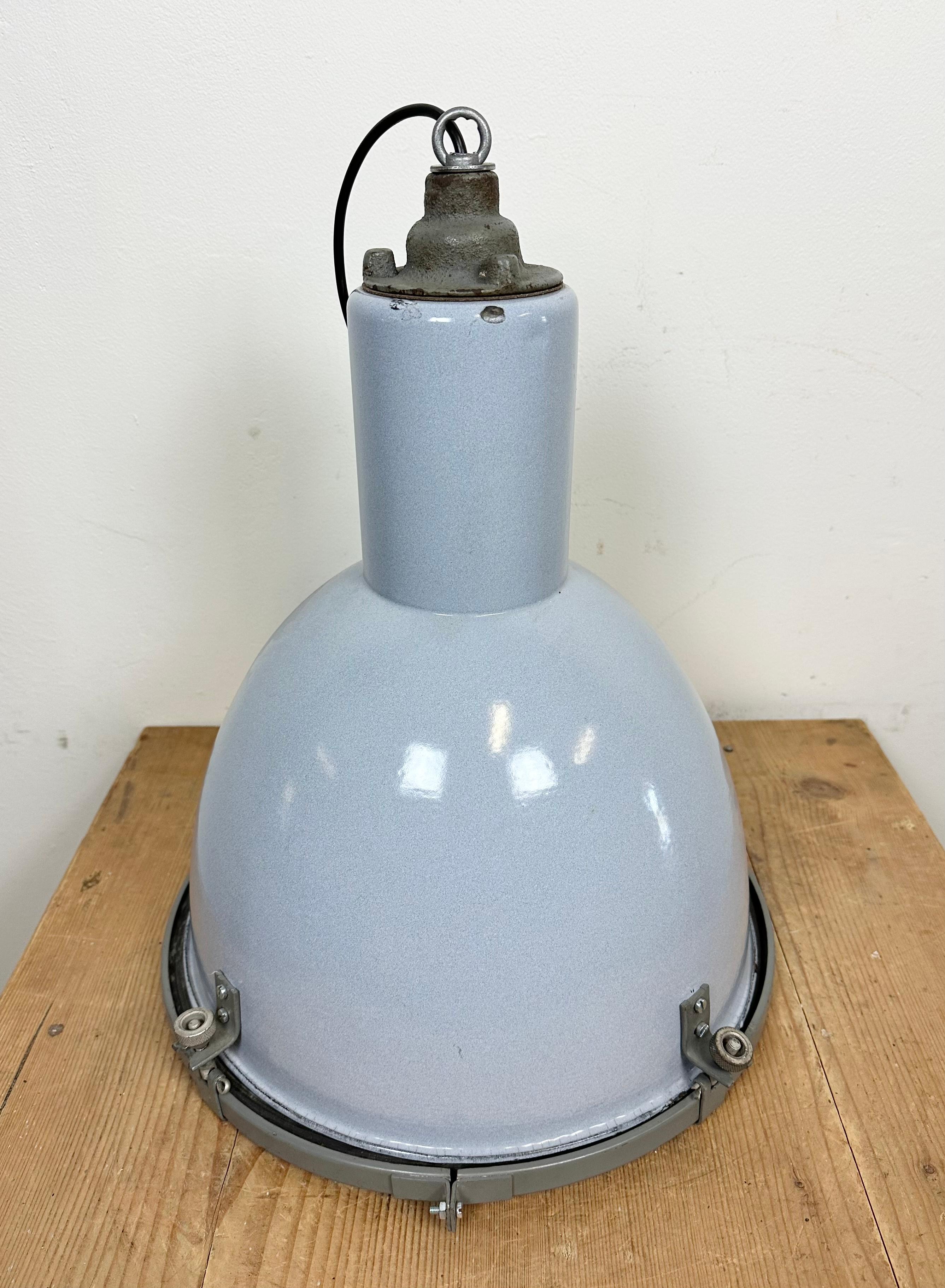 Bauhaus Grey Enamel Industrial Pendant Lamp with Glass Cover, 1950s For Sale 7