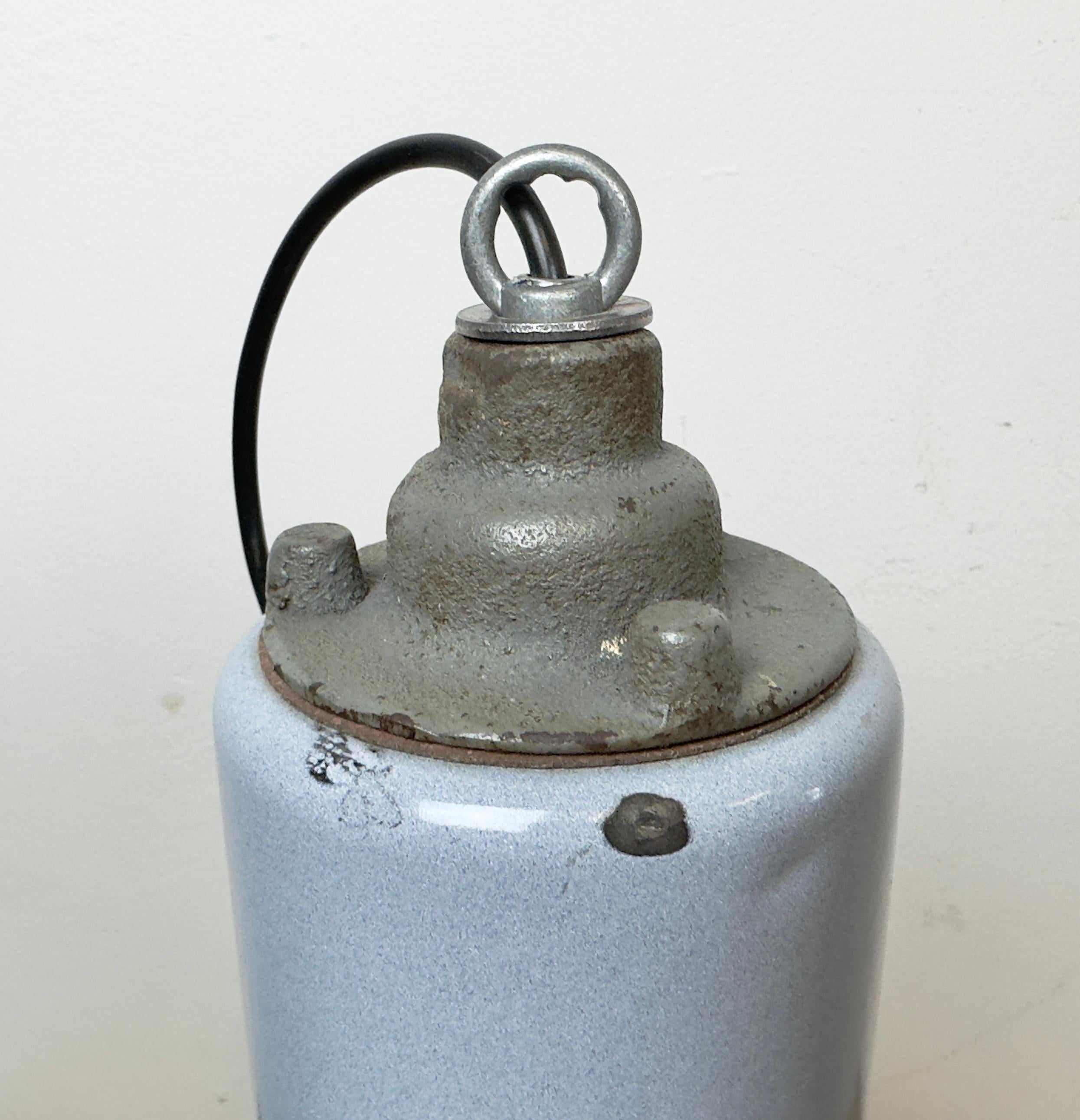 Bauhaus Grey Enamel Industrial Pendant Lamp with Glass Cover, 1950s For Sale 8