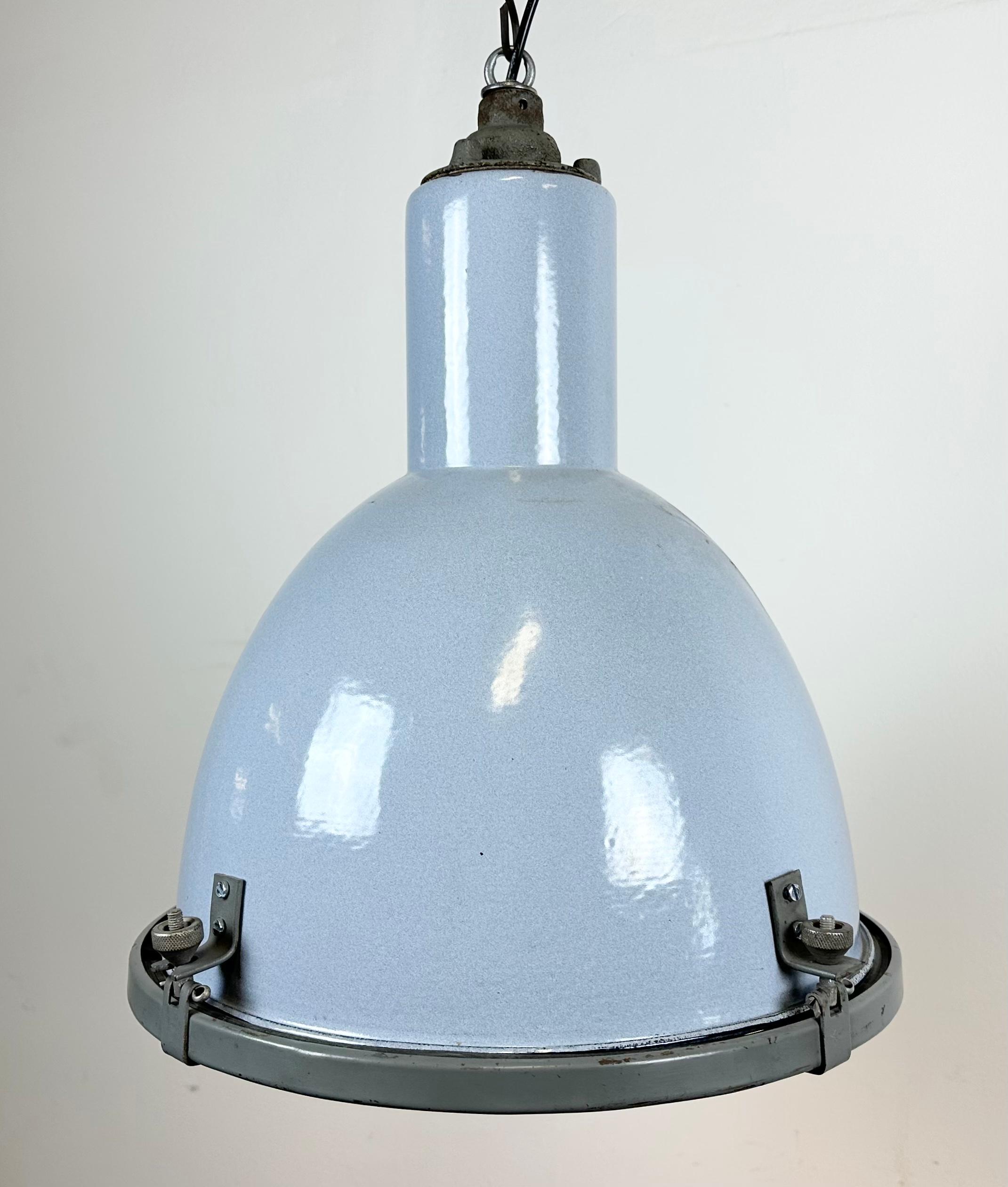 Czech Bauhaus Grey Enamel Industrial Pendant Lamp with Glass Cover, 1950s For Sale