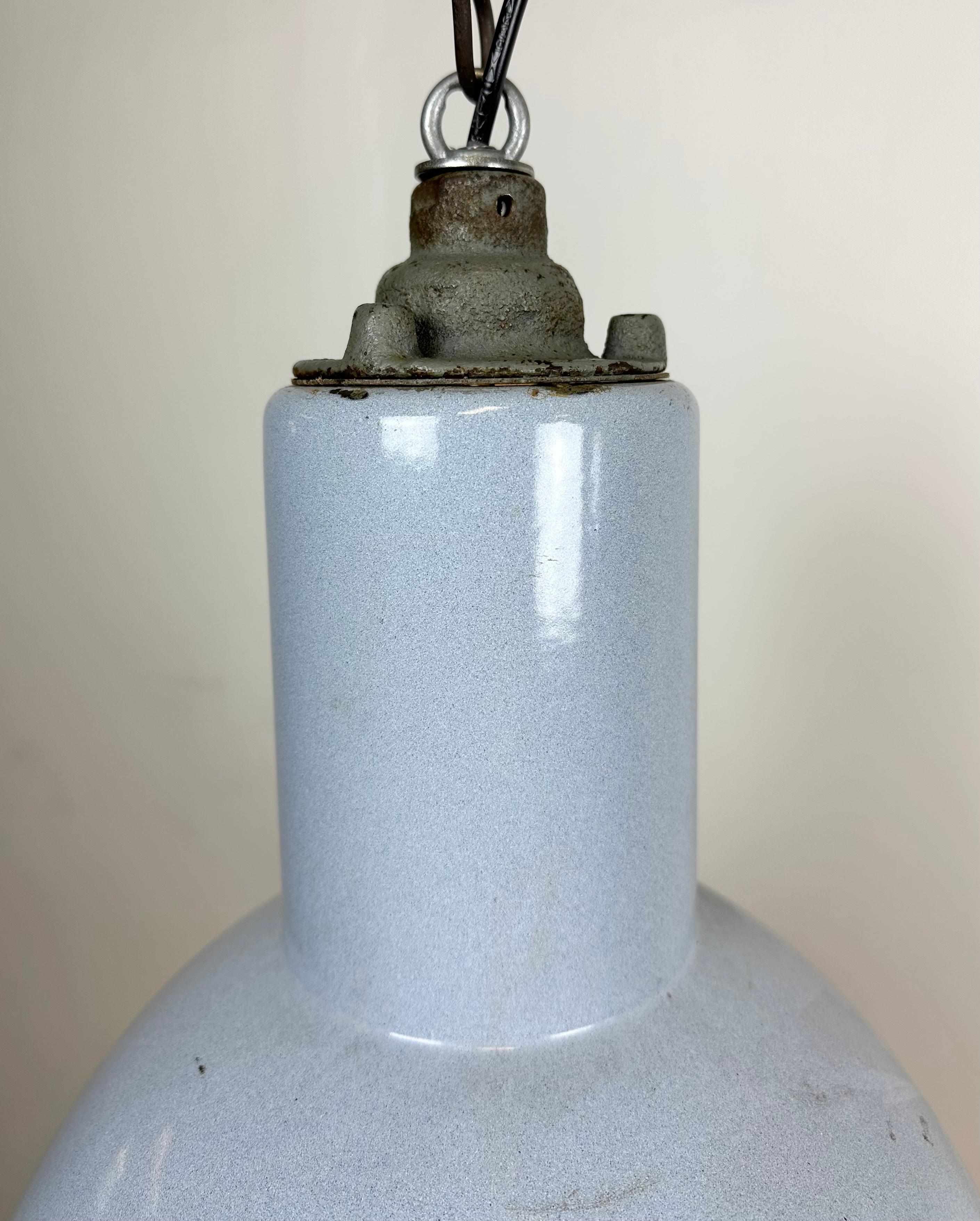 Bauhaus Grey Enamel Industrial Pendant Lamp with Glass Cover, 1950s In Good Condition For Sale In Kojetice, CZ