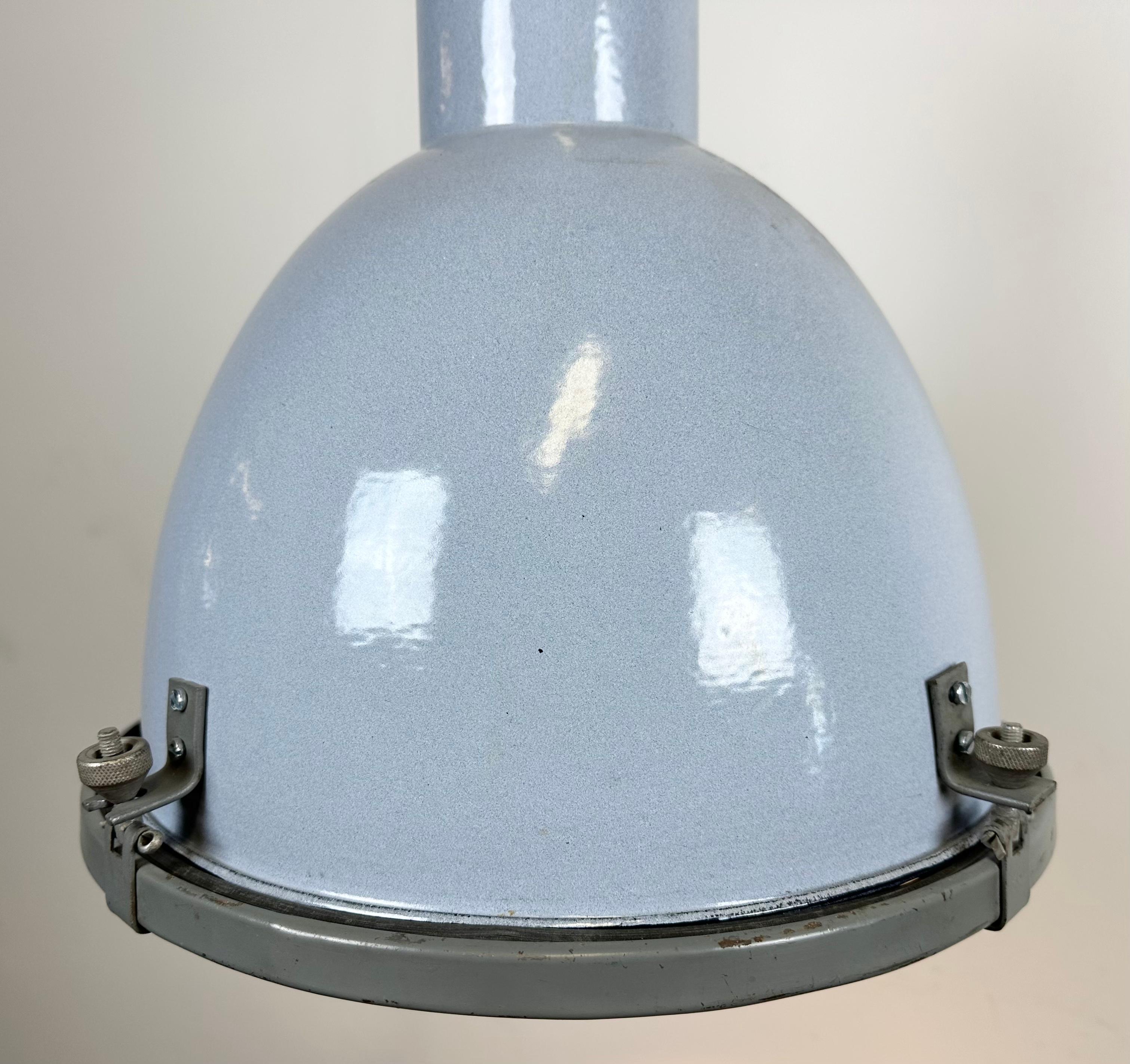 20th Century Bauhaus Grey Enamel Industrial Pendant Lamp with Glass Cover, 1950s For Sale