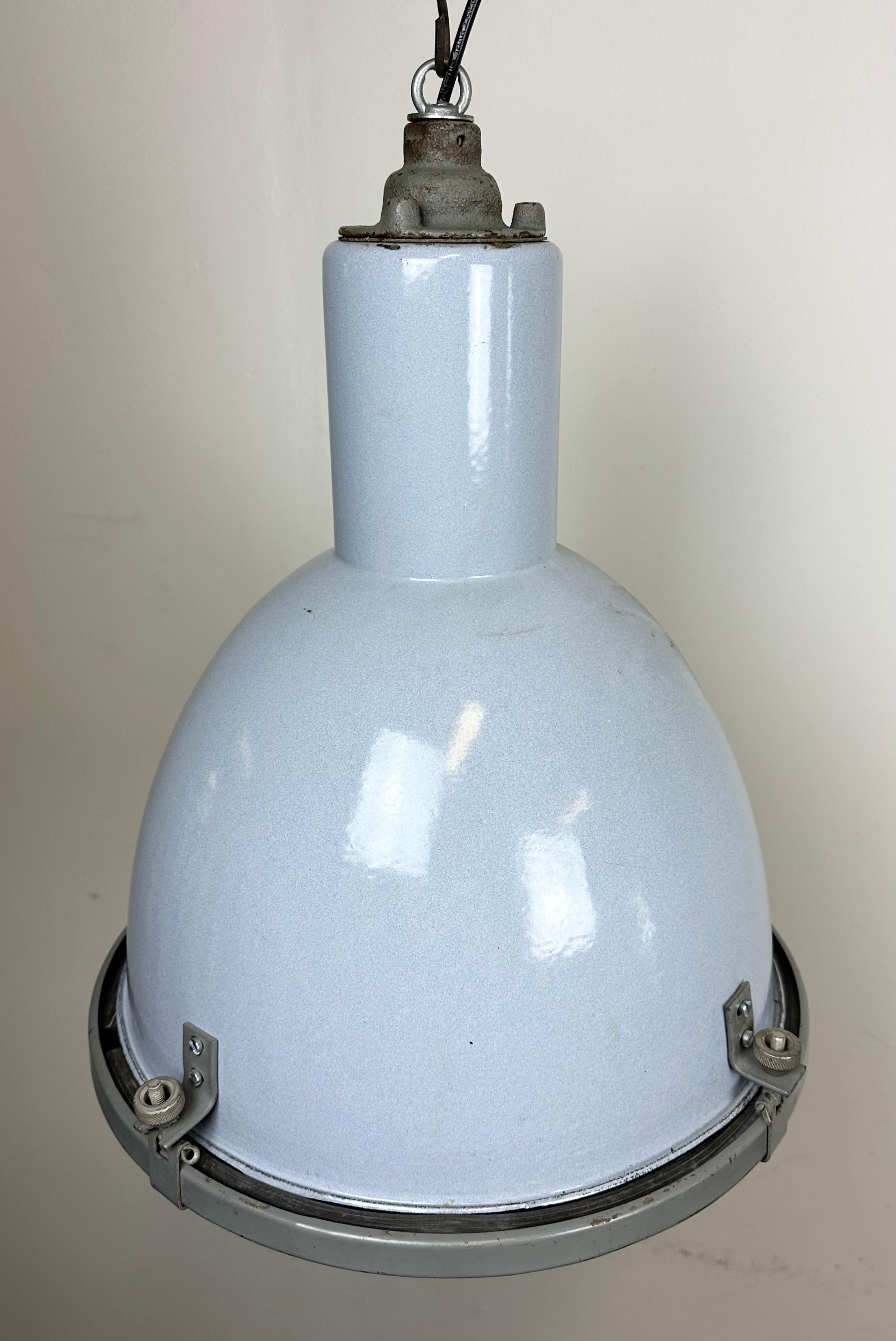 Bauhaus Grey Enamel Industrial Pendant Lamp with Glass Cover, 1950s For Sale 4