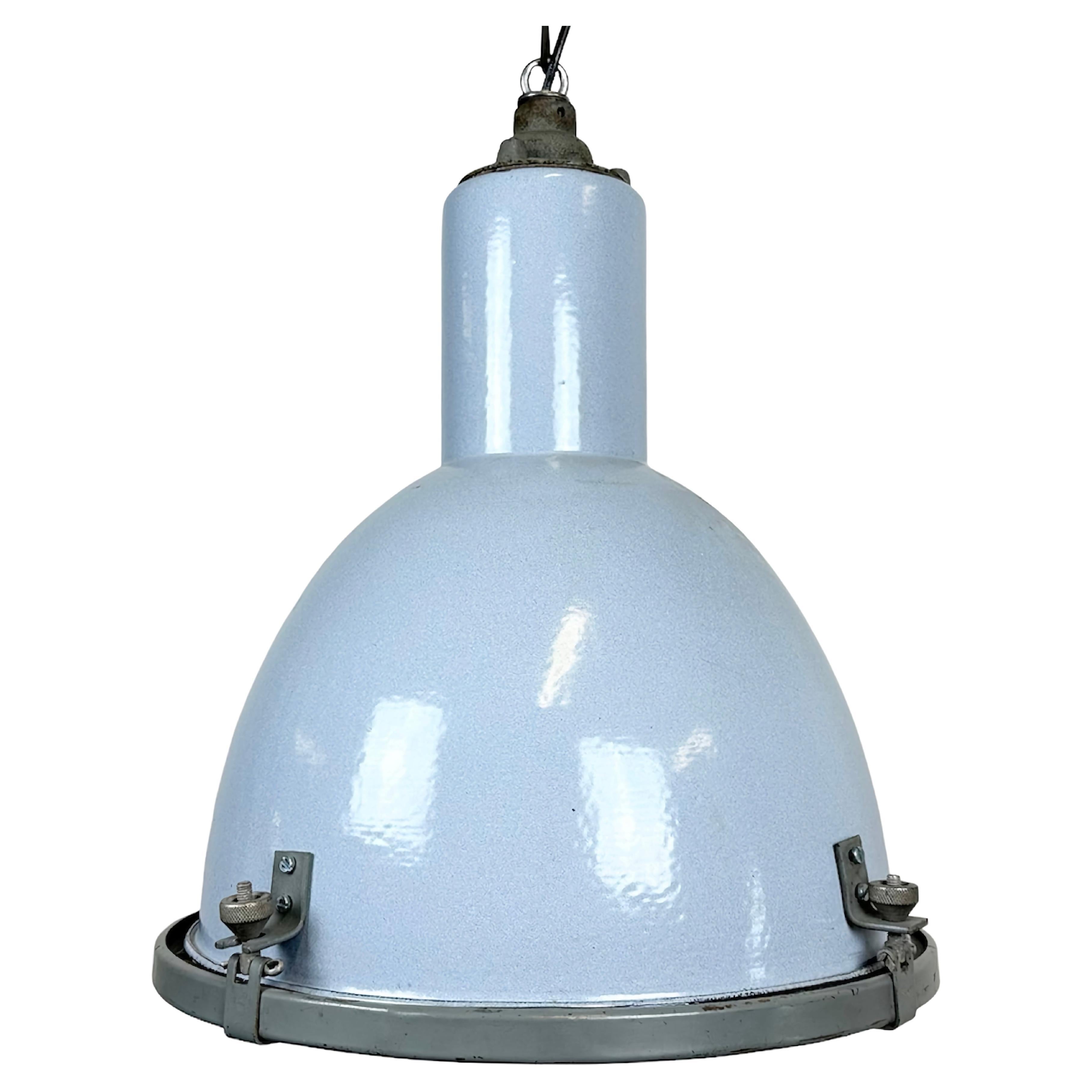 Bauhaus Grey Enamel Industrial Pendant Lamp with Glass Cover, 1950s For Sale
