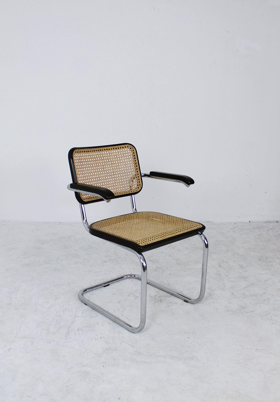 The B64 chair was designed by Marcel Breuer for Thonet in 1927.
These original Thonet chairs are made of chrome-plated tubular steel, dark stained beech, bentwood and cane.
The first producer of the B64 was Thonet, starting in 1927.
Later in the