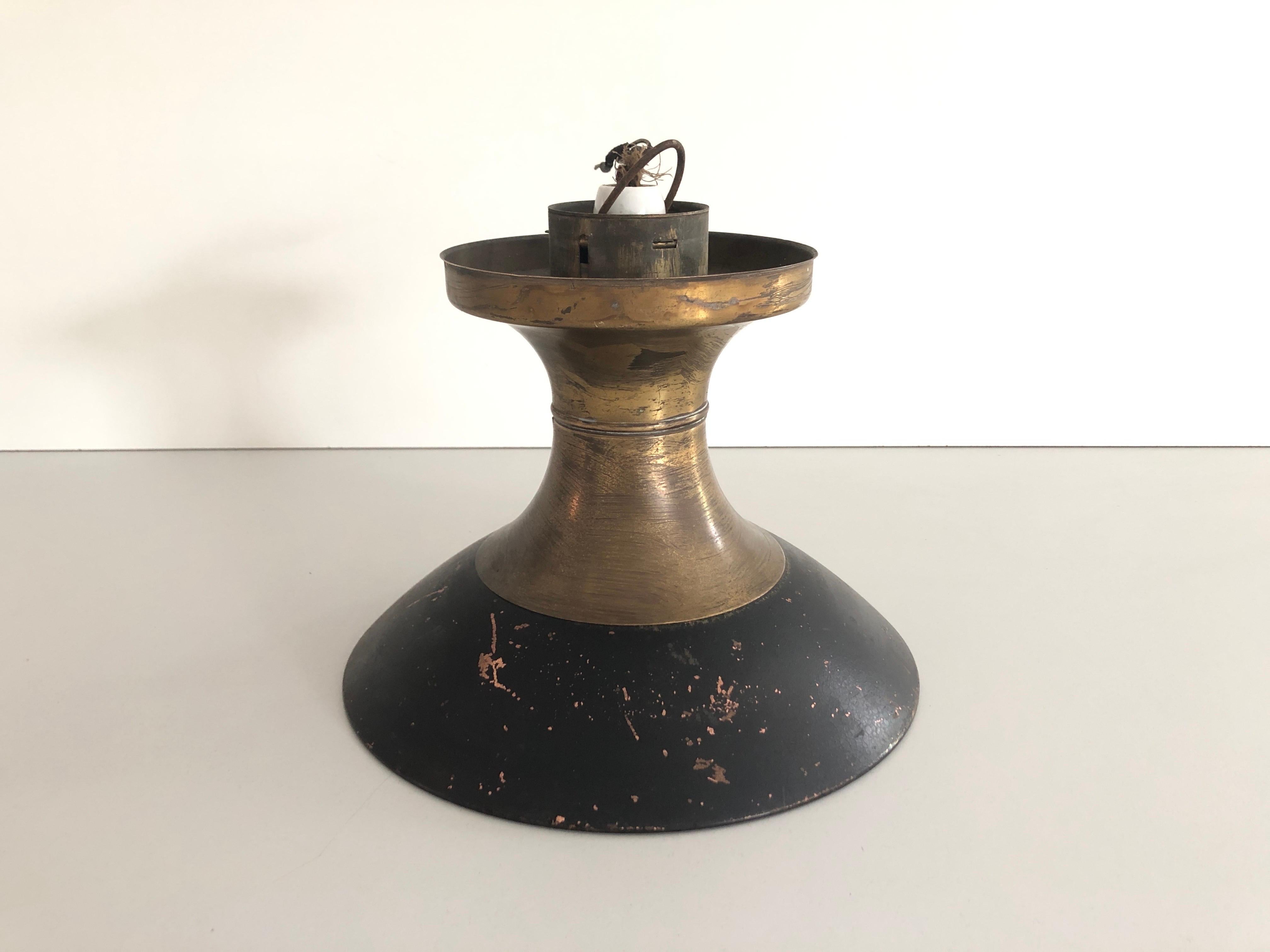 Bauhaus Industrial Black Brass Ceiling Lamp by Carl Zeiss Ikon, 1940s, Germany

Elegant and minimal design hanging lamp

Lampshade is in good condition. 
This lamp works with E27 light bulb. 
Wired and suitable to use with 220V and 110V for all