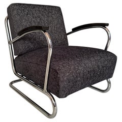 Bauhaus-Influenced Tubular Steel Cantilever Armchair, Black Upholstery, 1930s