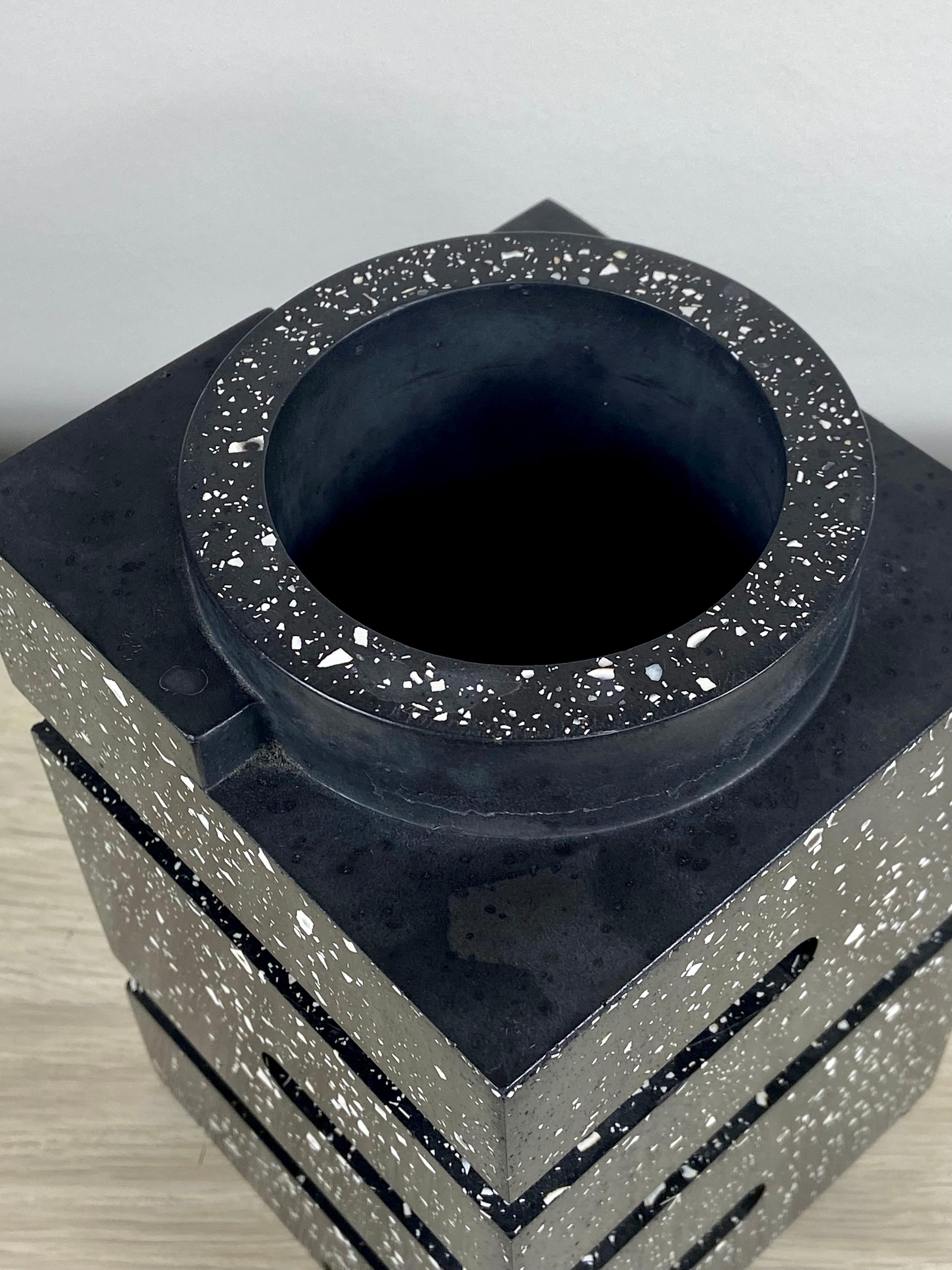 Carved Bauhaus Inspired Black Speckled Resin Vase For Sale
