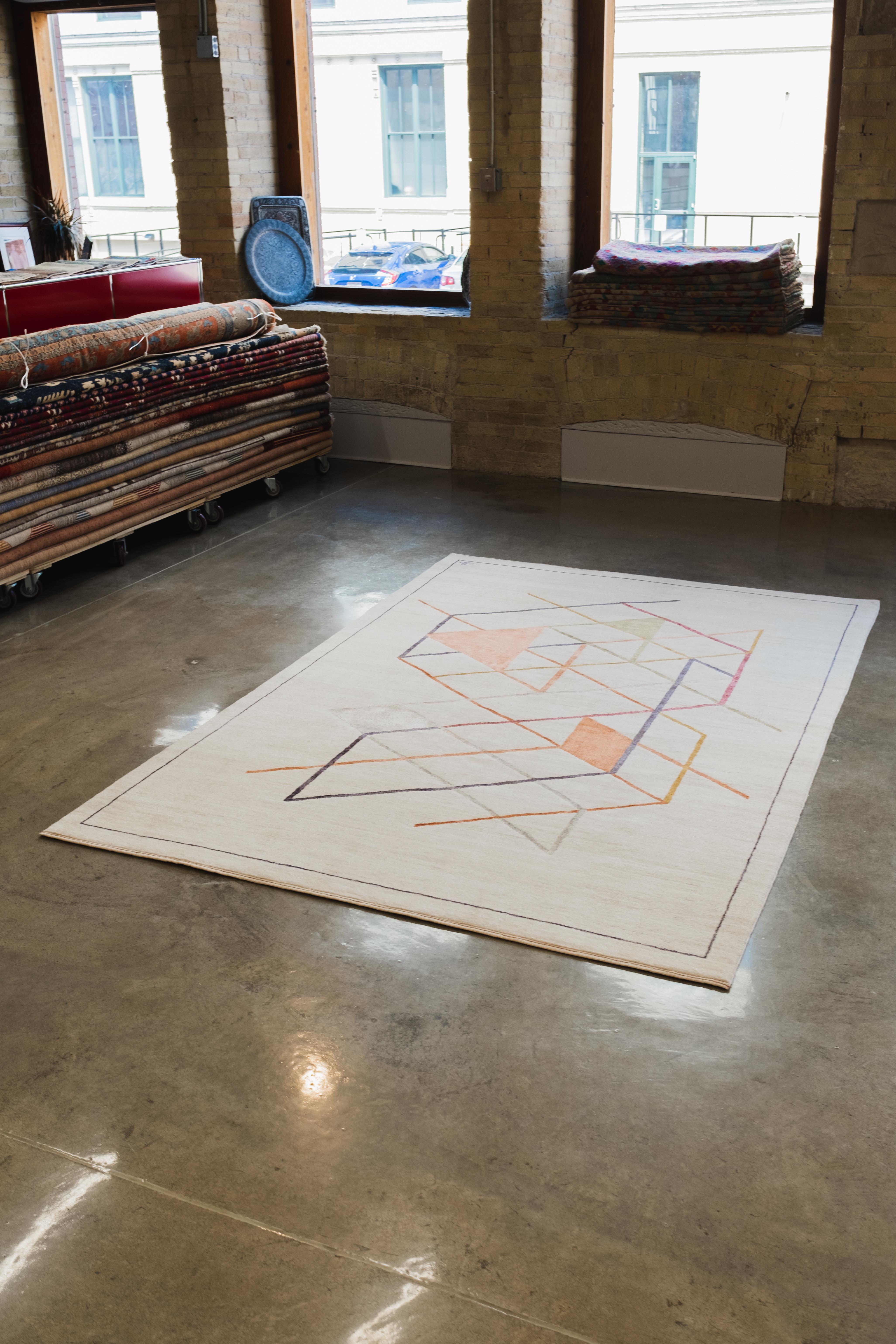 XXI secolo e contemporaneo Tappeto persiano geometrico di ispirazione Bauhaus in seta colorata su lana crema 6' x 9' in vendita