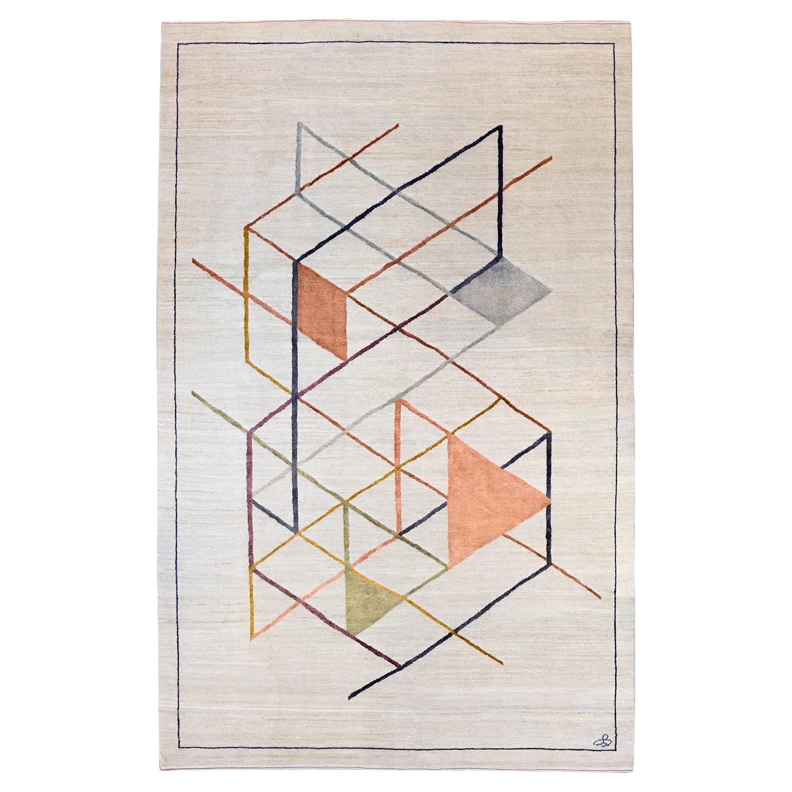 Tappeto persiano geometrico di ispirazione Bauhaus in seta colorata su lana crema 6' x 9' in vendita