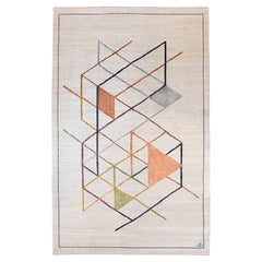 Bauhaus-Inspired Geometric Persian Carpet in Colorful Silk on Cream Wool 6' x 9'