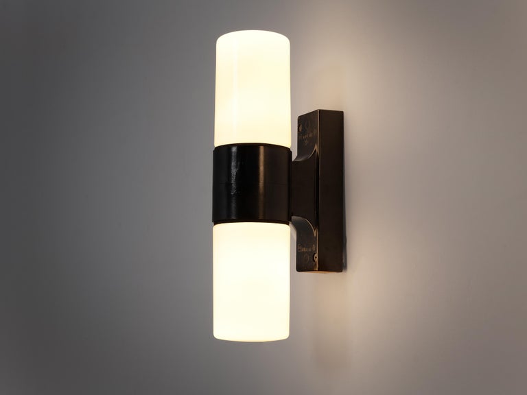 Mid-Century Modern Bauhaus Inspired Wall Lights in Black Bakelite and Opaline Glass For Sale