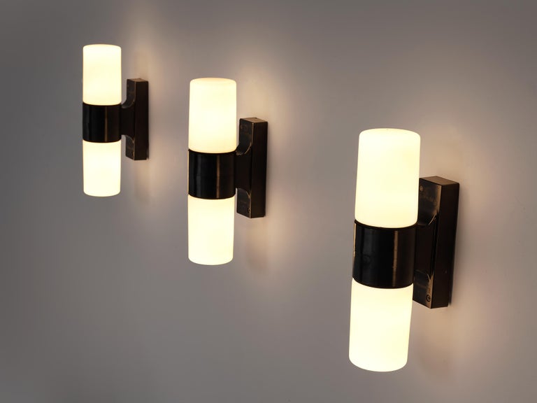 Mid-20th Century Bauhaus Inspired Wall Lights in Black Bakelite and Opaline Glass For Sale