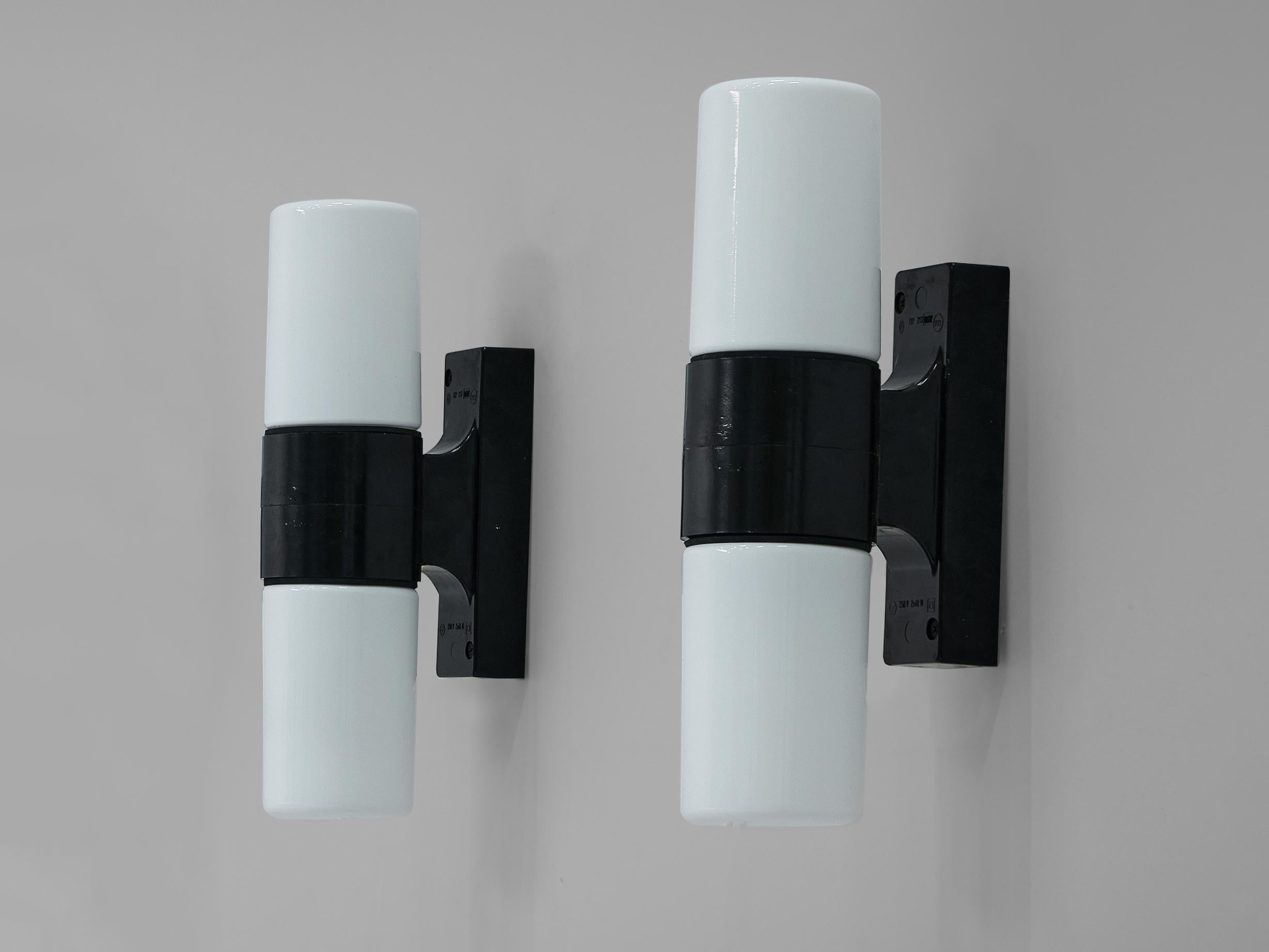 Mid-20th Century Bauhaus Inspired Wall Lights in Black Bakelite and Opaline Glass