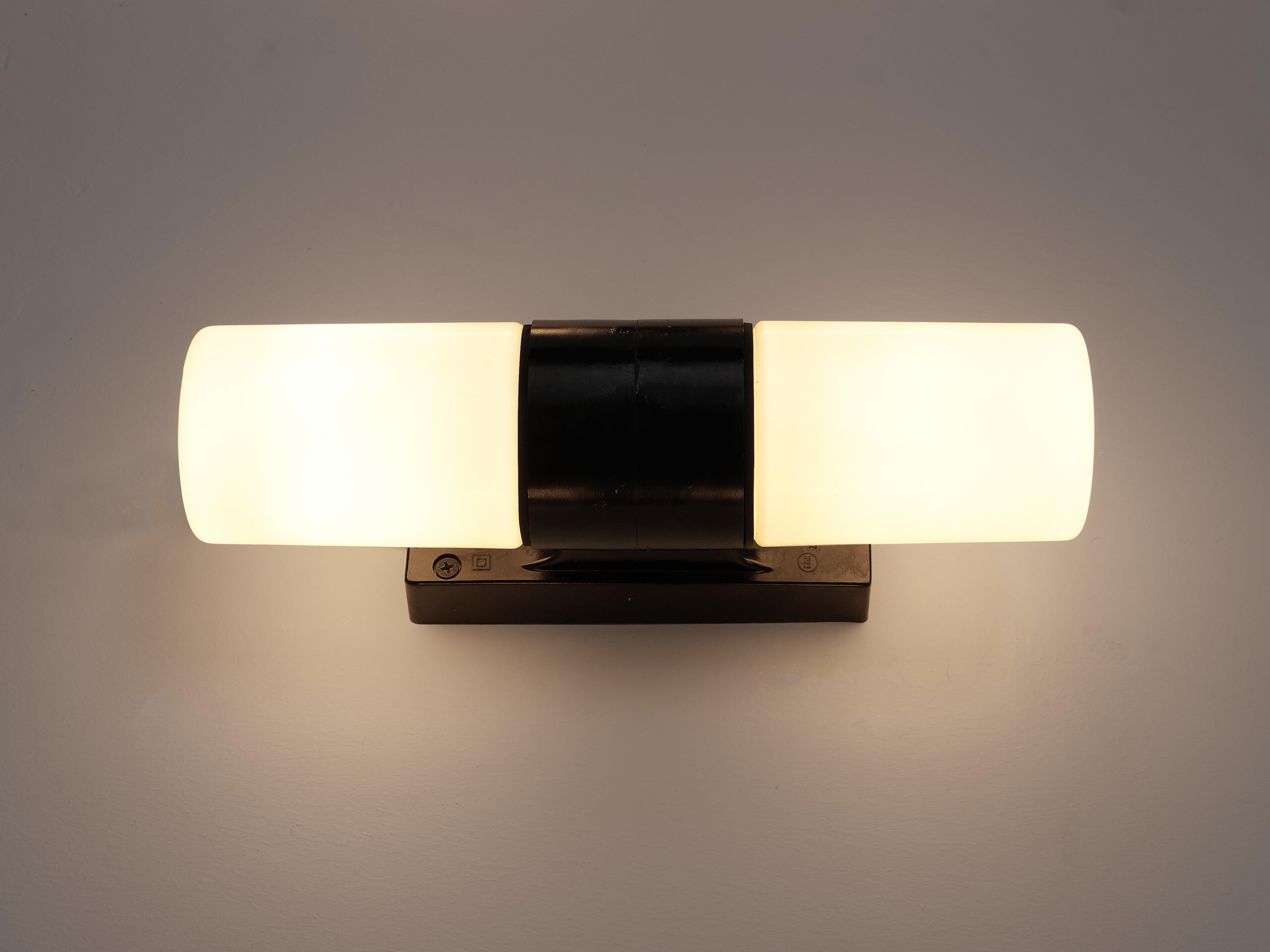 Bauhaus Inspired Wall Lights in Black Bakelite and Opaline Glass 1