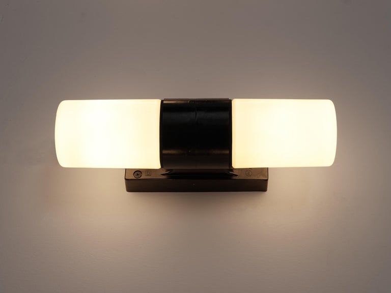 Bauhaus Inspired Wall Lights in Black Bakelite and Opaline Glass For Sale 1