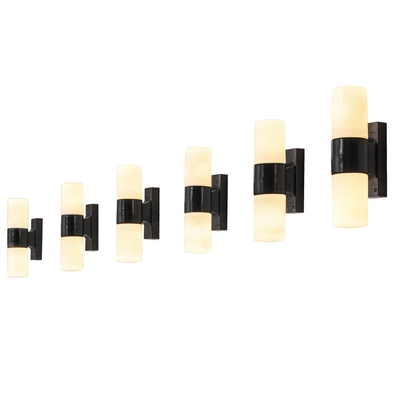Bauhaus Inspired Wall Lights in Black Bakelite and Opaline Glass For Sale