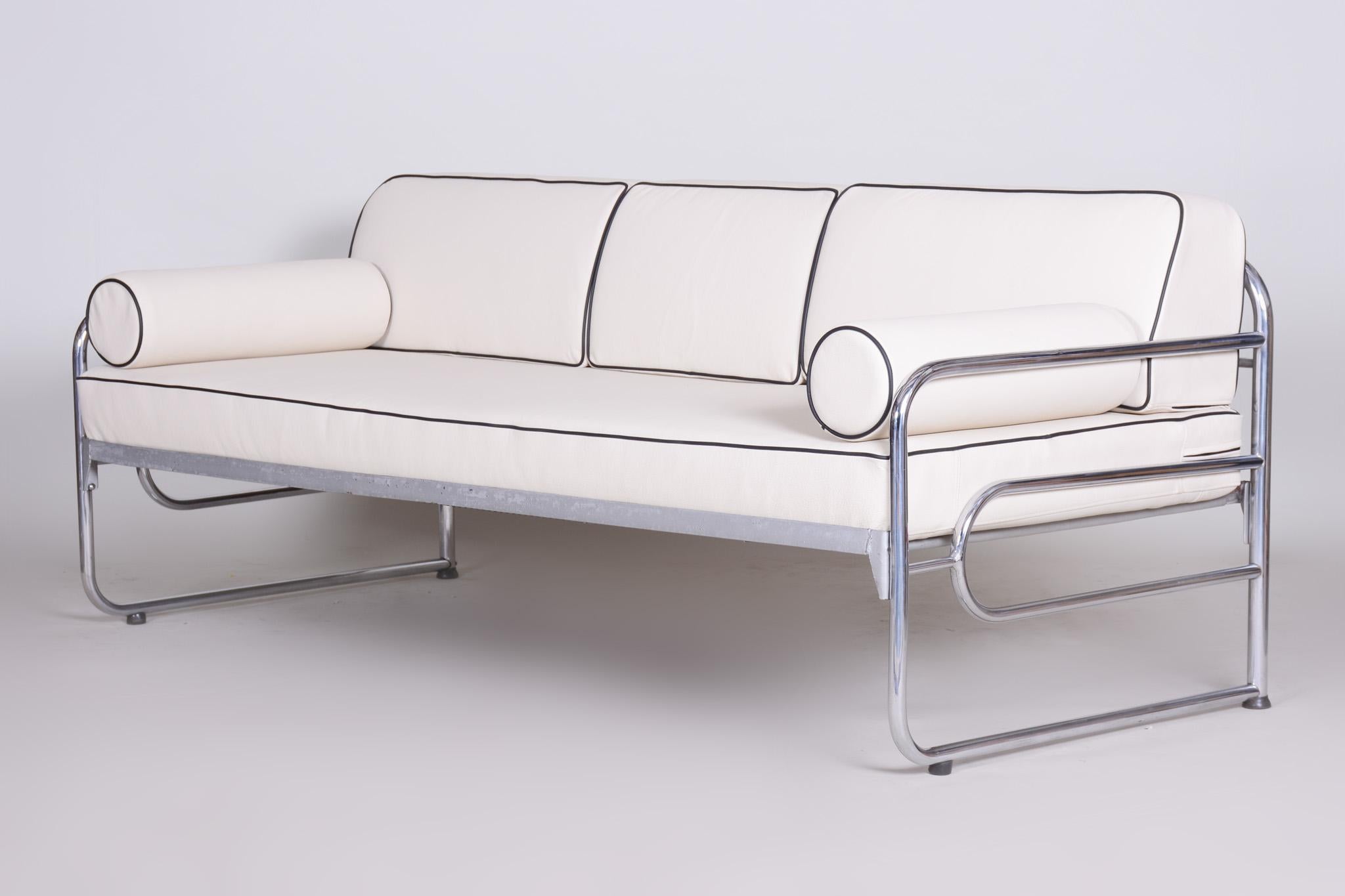 Czech Bauhaus Ivory Tubular Chrom Sofa, Mücke-Melder, 1930s, High Quality Leather For Sale