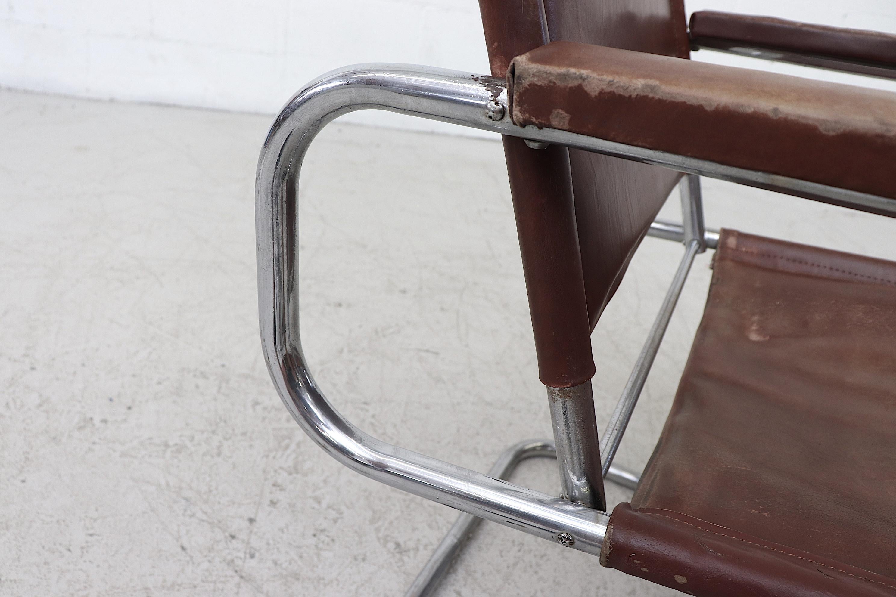 Marcel Breuer Style Bauhaus Dark Brown Leather and Tubular Chrome Armchair For Sale 4