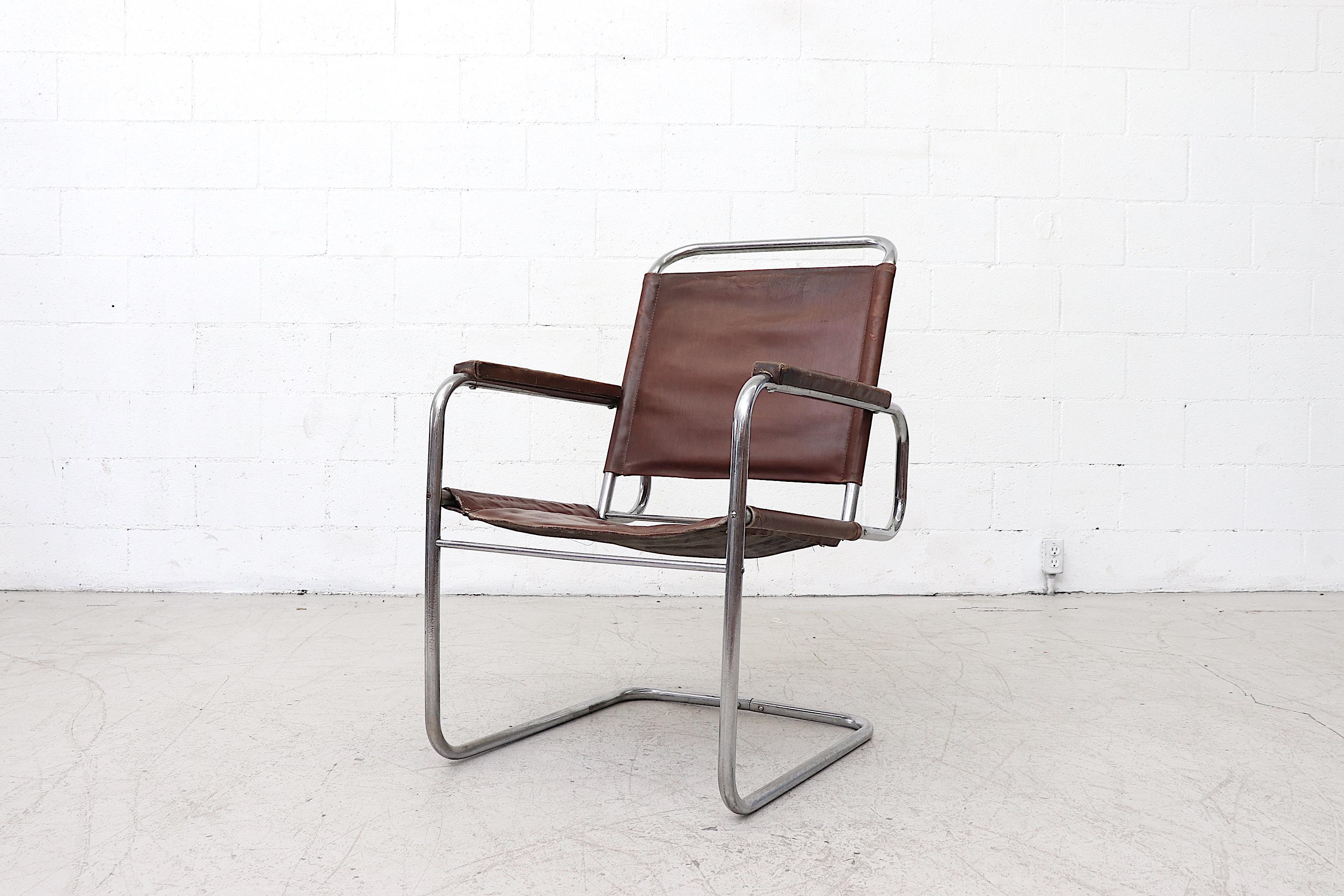 Marcel Breuer Style Bauhaus Dark Brown Leather and Tubular Chrome Armchair For Sale 6