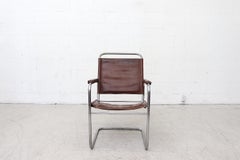 Bauhaus Brown Leather and Tubular Chrome Armchair in the Style of Marcel Breuer