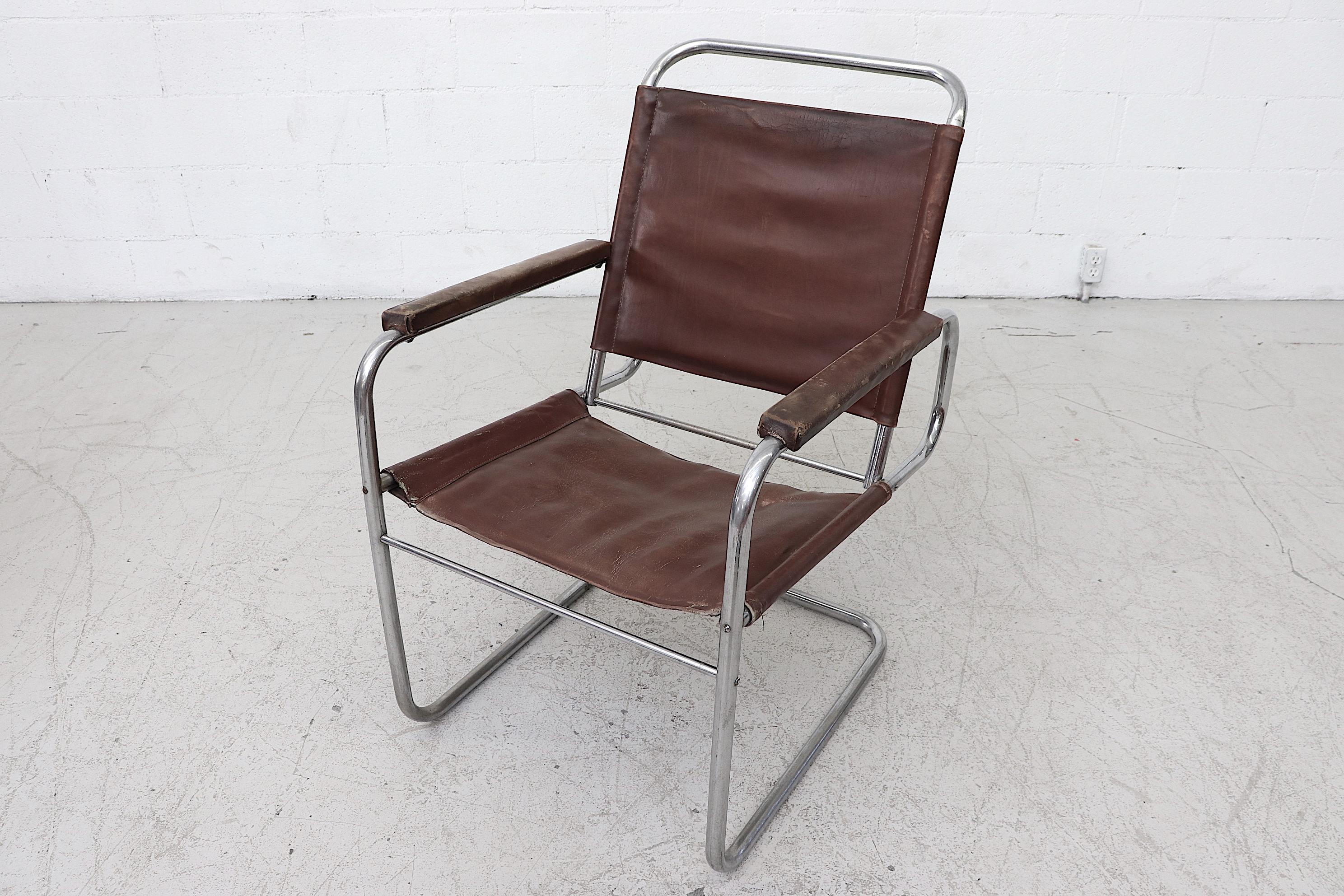 Mid-Century Modern Marcel Breuer Style Bauhaus Dark Brown Leather and Tubular Chrome Armchair For Sale