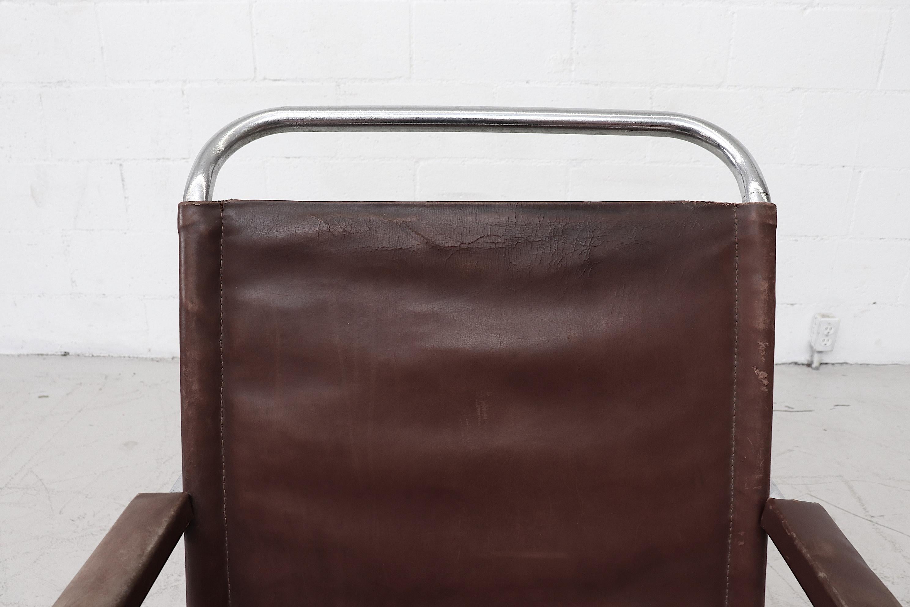 Dutch Bauhaus Leather and Chrome Armchair For Sale