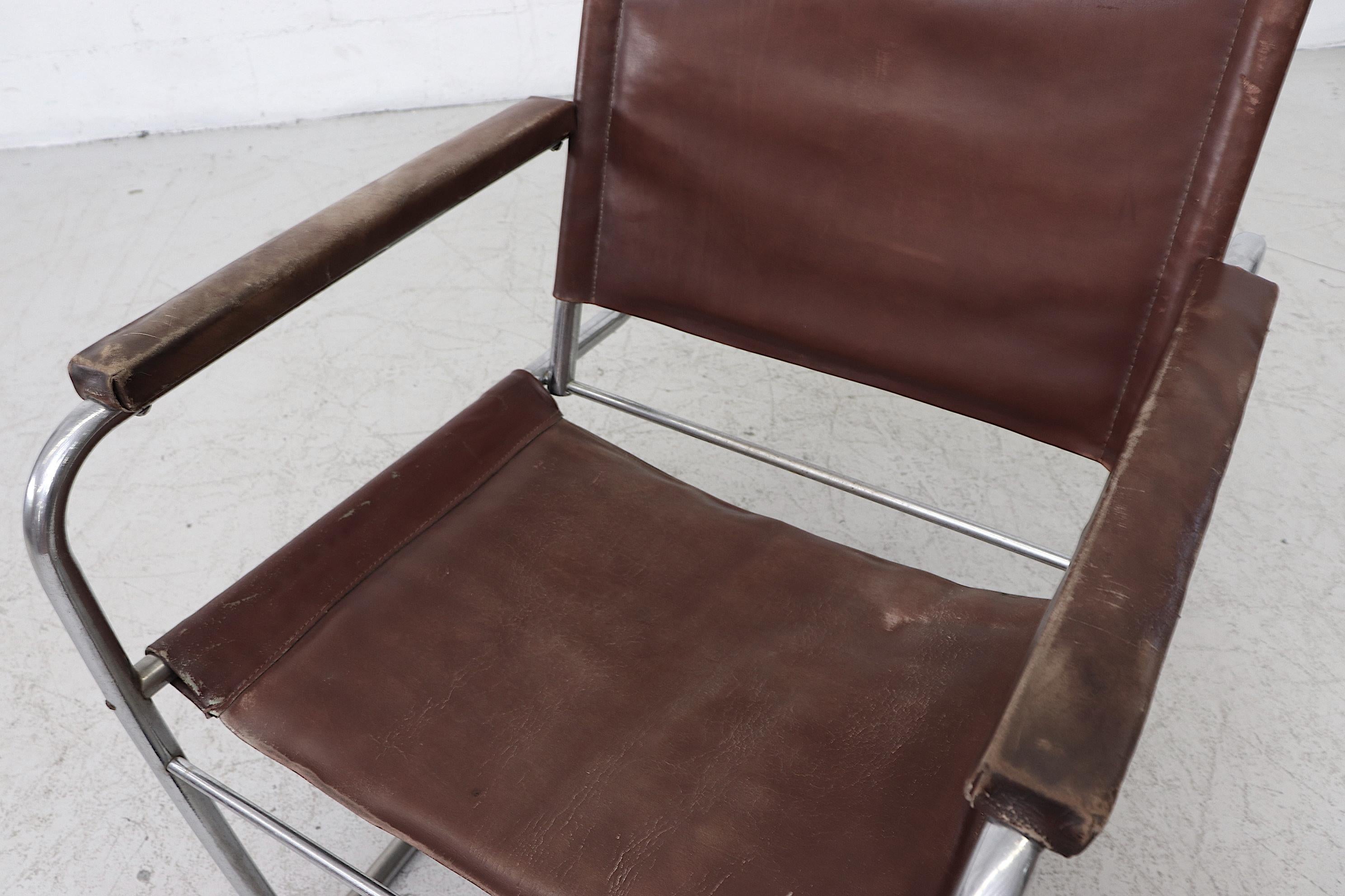 Marcel Breuer Style Bauhaus Dark Brown Leather and Tubular Chrome Armchair In Good Condition For Sale In Los Angeles, CA
