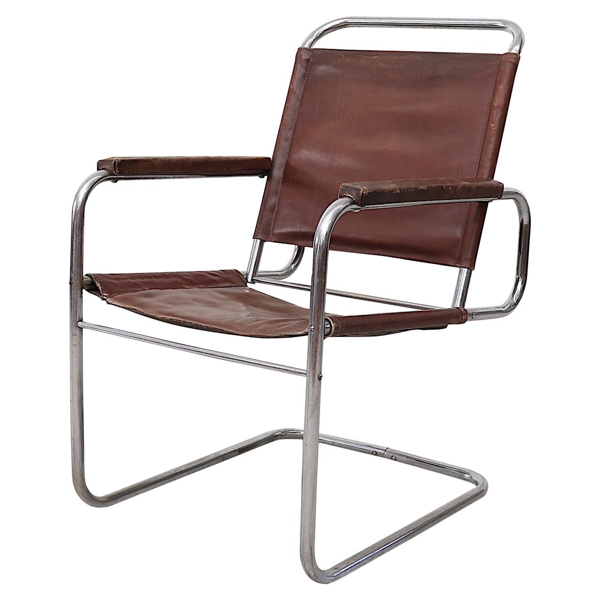 Marcel Breuer Style Bauhaus Dark Brown Leather and Tubular Chrome Armchair For Sale