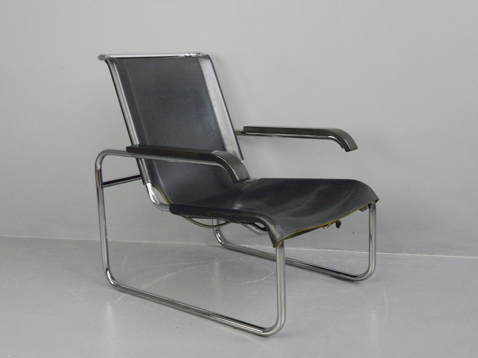 Bauhaus lounge chair by Marcel Breuer for Thonet

- Chromed tubular steel frame
- Sprung cantilever seat
- Buffalo leather seat
- Model B35
- First designed by Marcel Breuer in 1928
- Produced by Thonet
- German, 1970s
- Measures: 65cm wide
