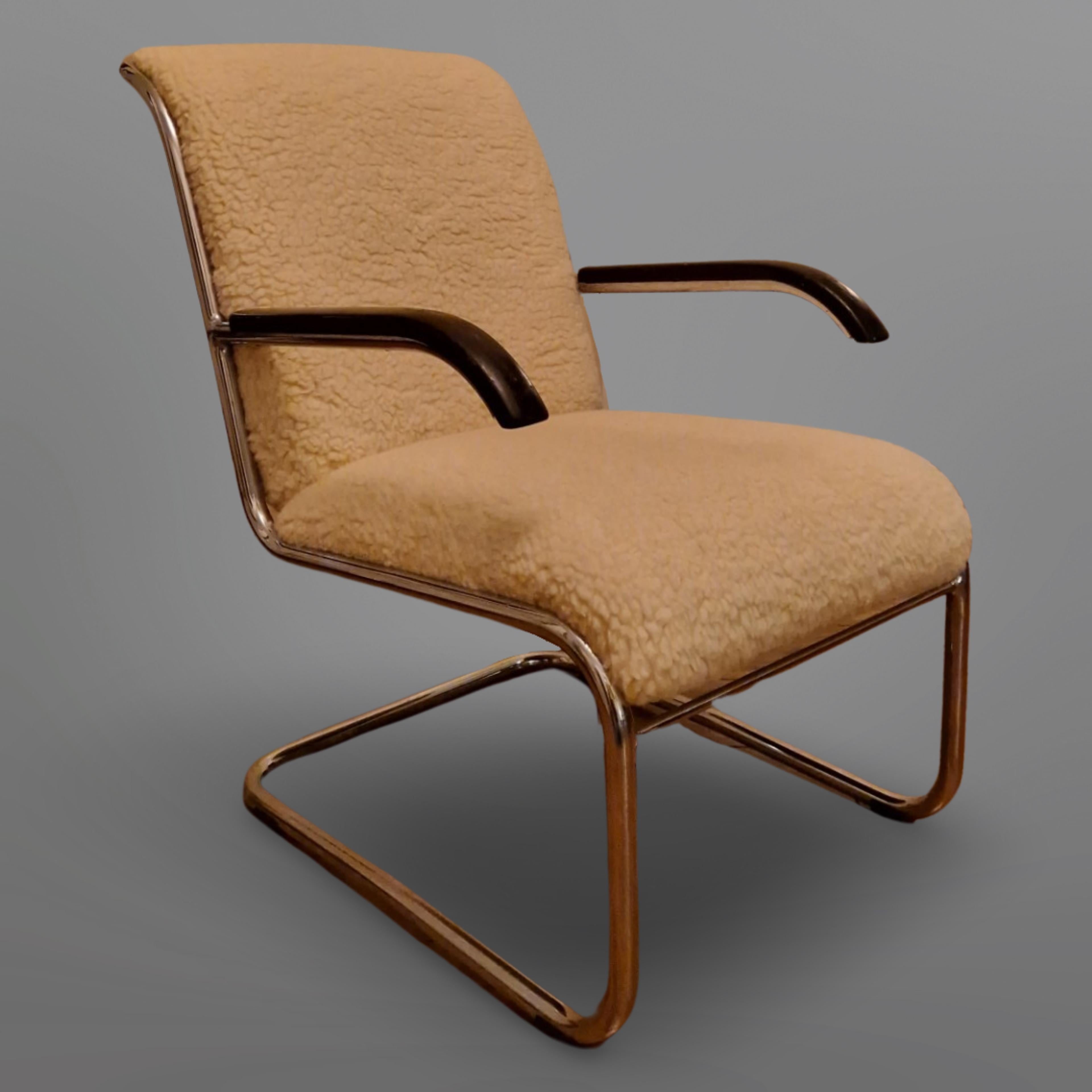 Dutch Bauhaus lounge chair with wool teddy upholstery, Netherlands 1930s