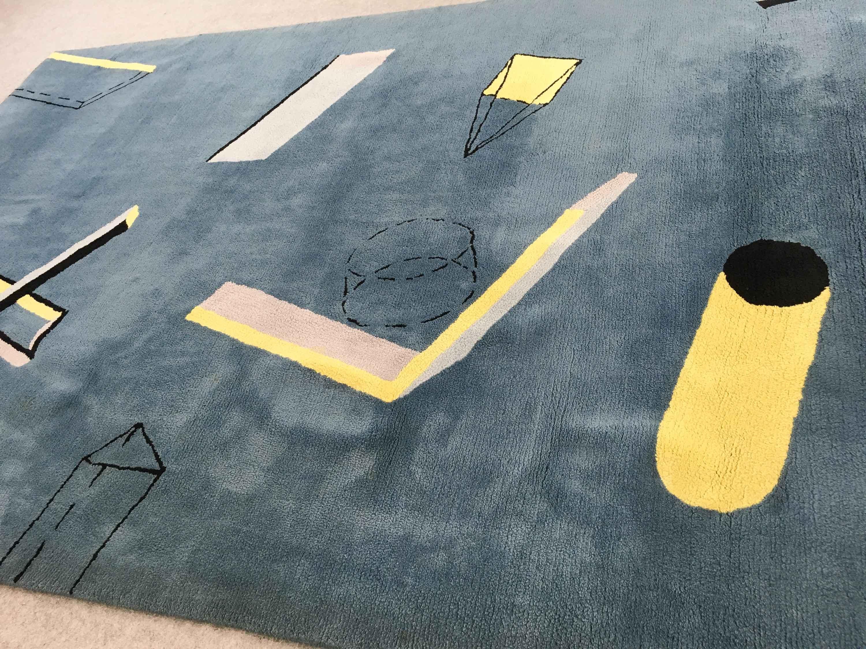 International Style Bauhaus Memphis Art Architectural Geometric Wool Carpet/Rug, Blue Yellow Grey  For Sale