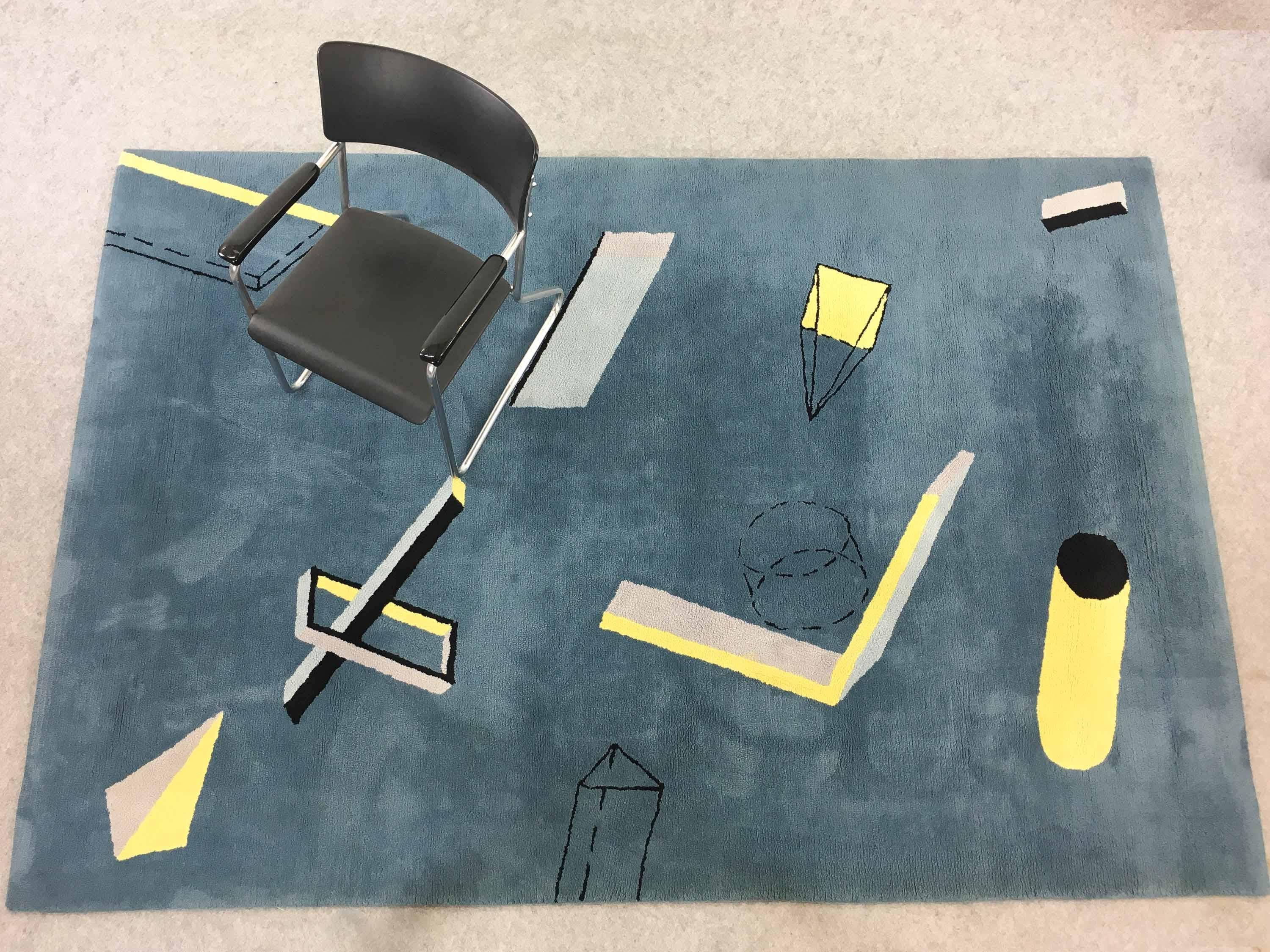 Bauhaus Memphis Art Architectural Geometric Wool Carpet/Rug, Blue Yellow Grey  In Good Condition For Sale In Halle, DE